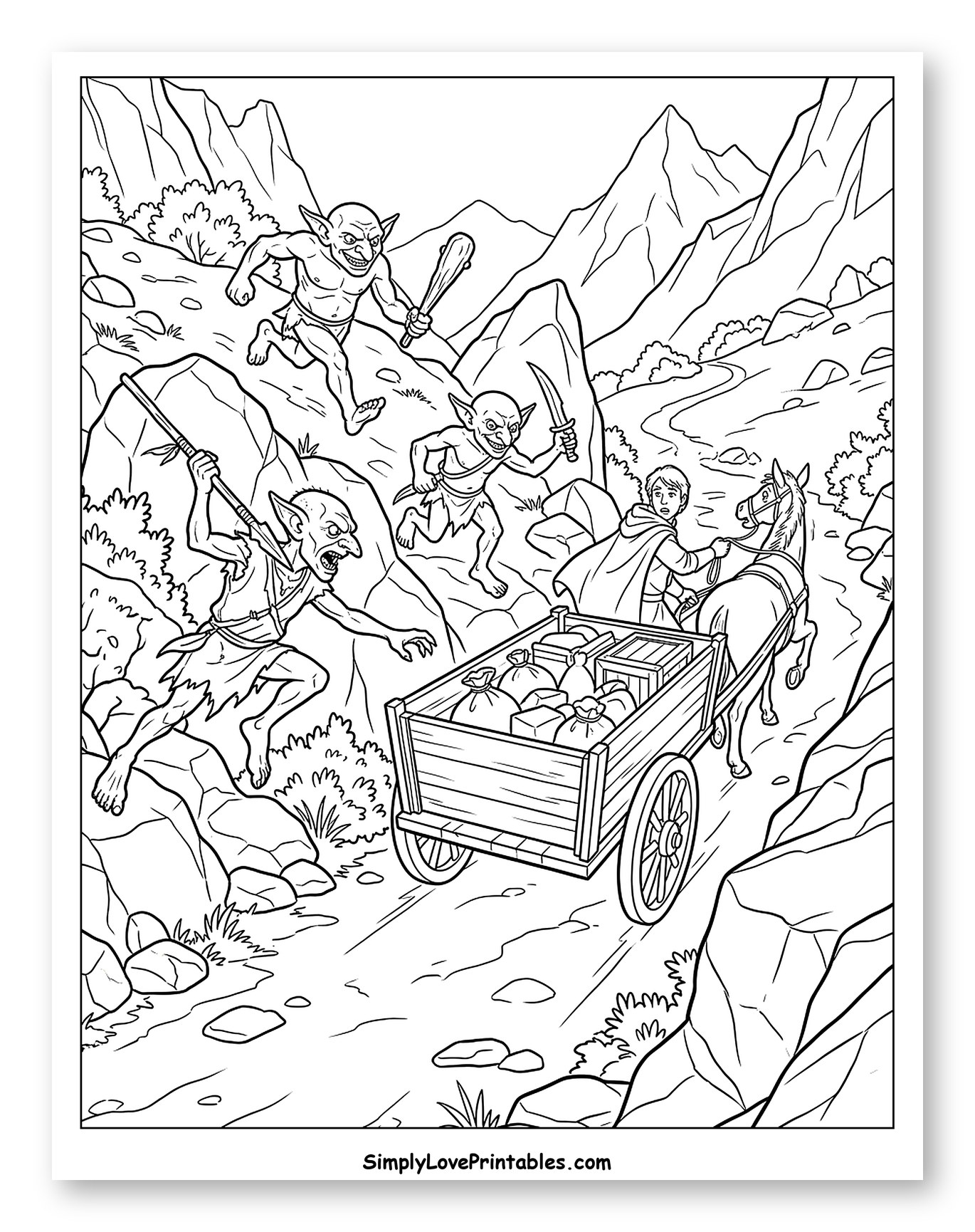 Mountain Goblins Attack Merchant's Cart to Color
