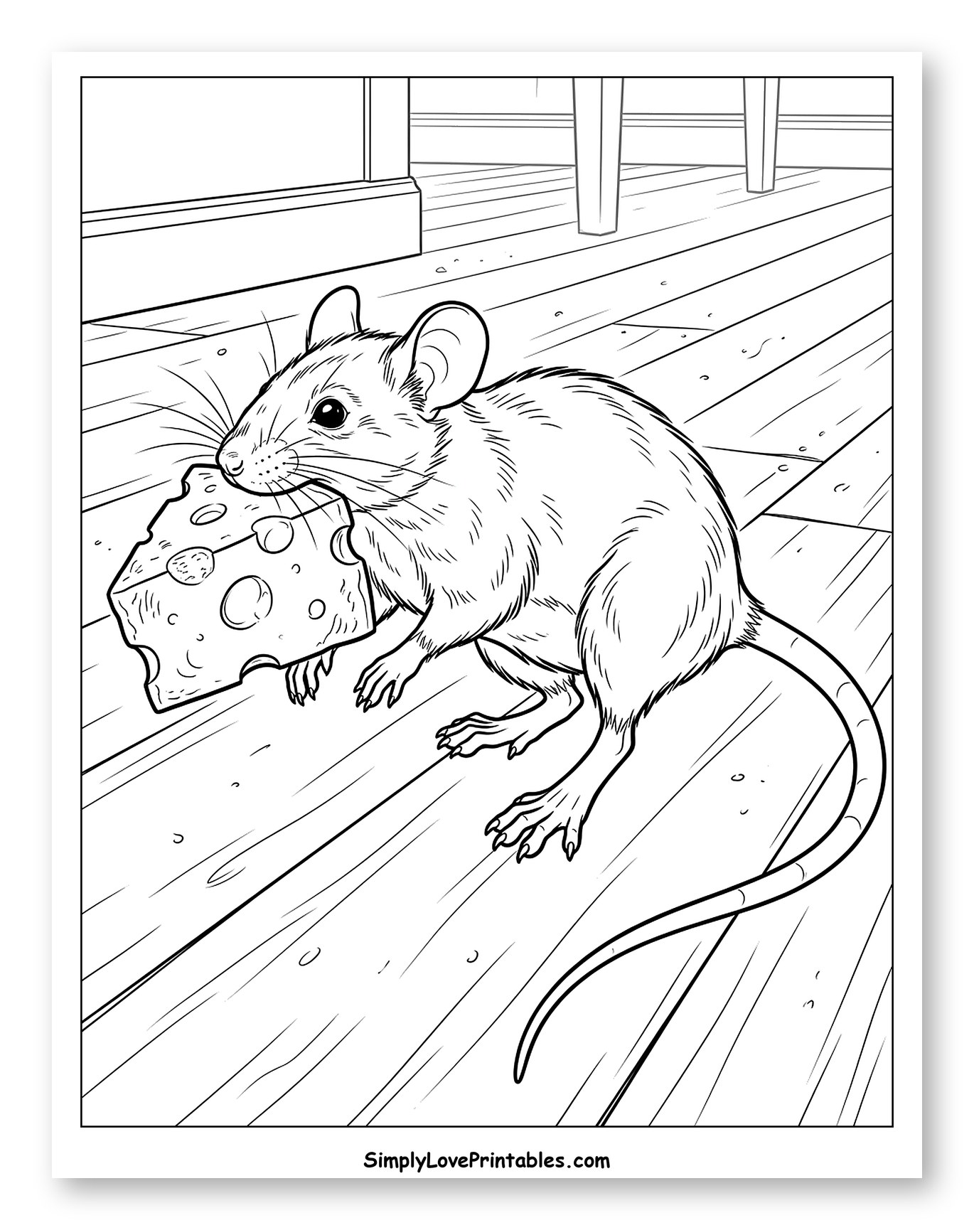 Mouse Carrying Cheese on Wooden Floor