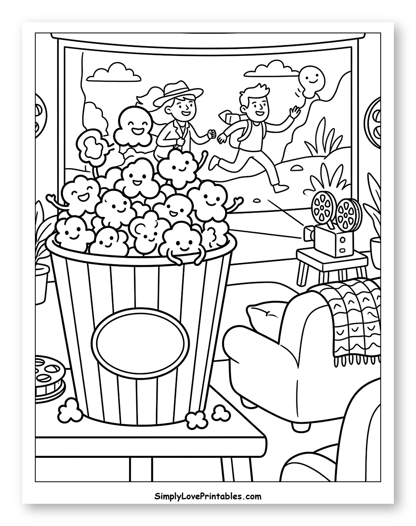 Movie Night with Popcorn Characters Coloring Page for Kids