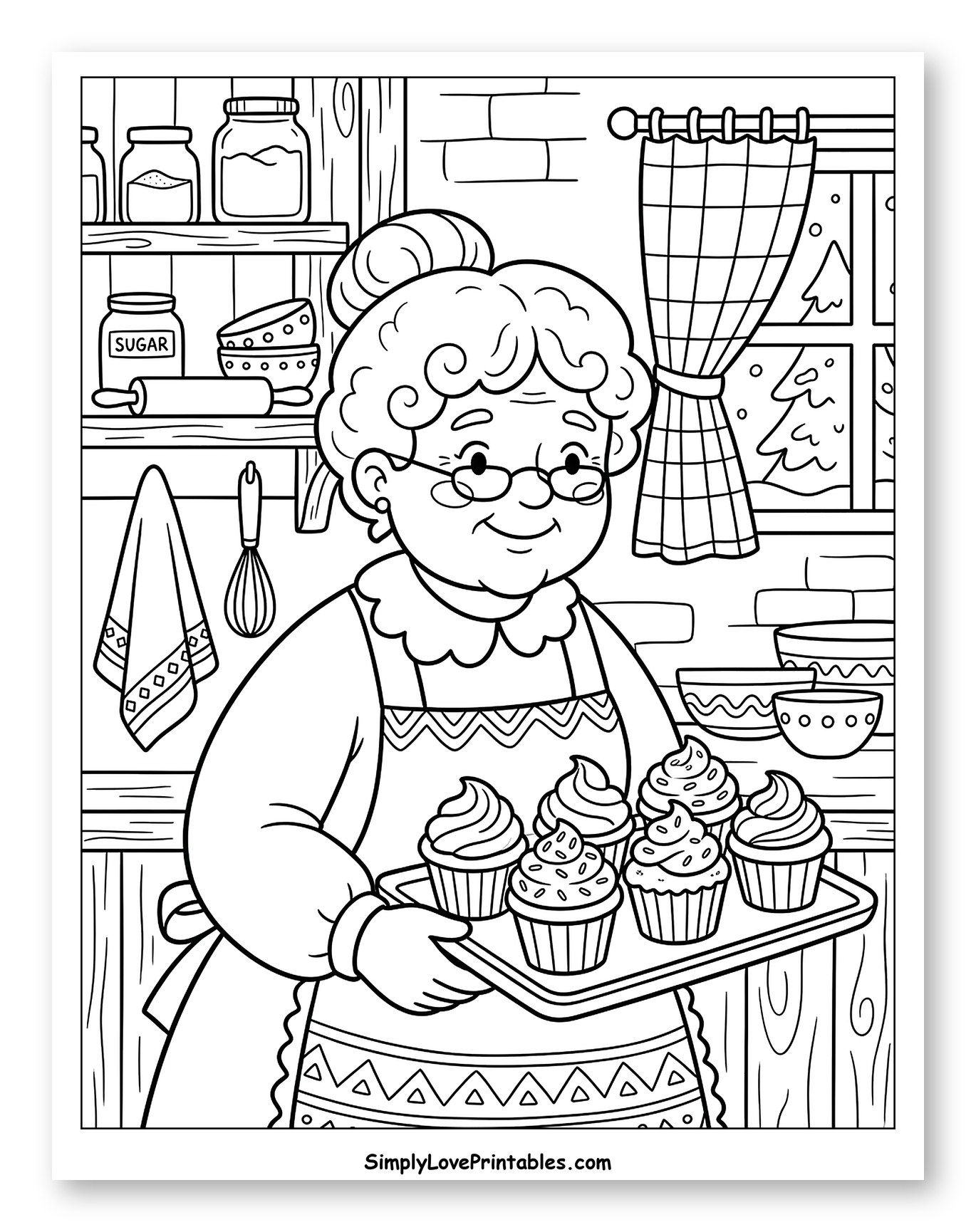 Mrs. Claus Baking Cupcakes in Her Kitchen Coloring Page for Kids