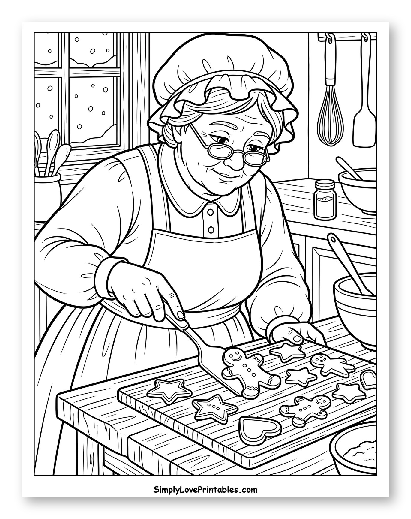 Mrs. Claus Baking Fresh Holiday Cookies Coloring Sheet