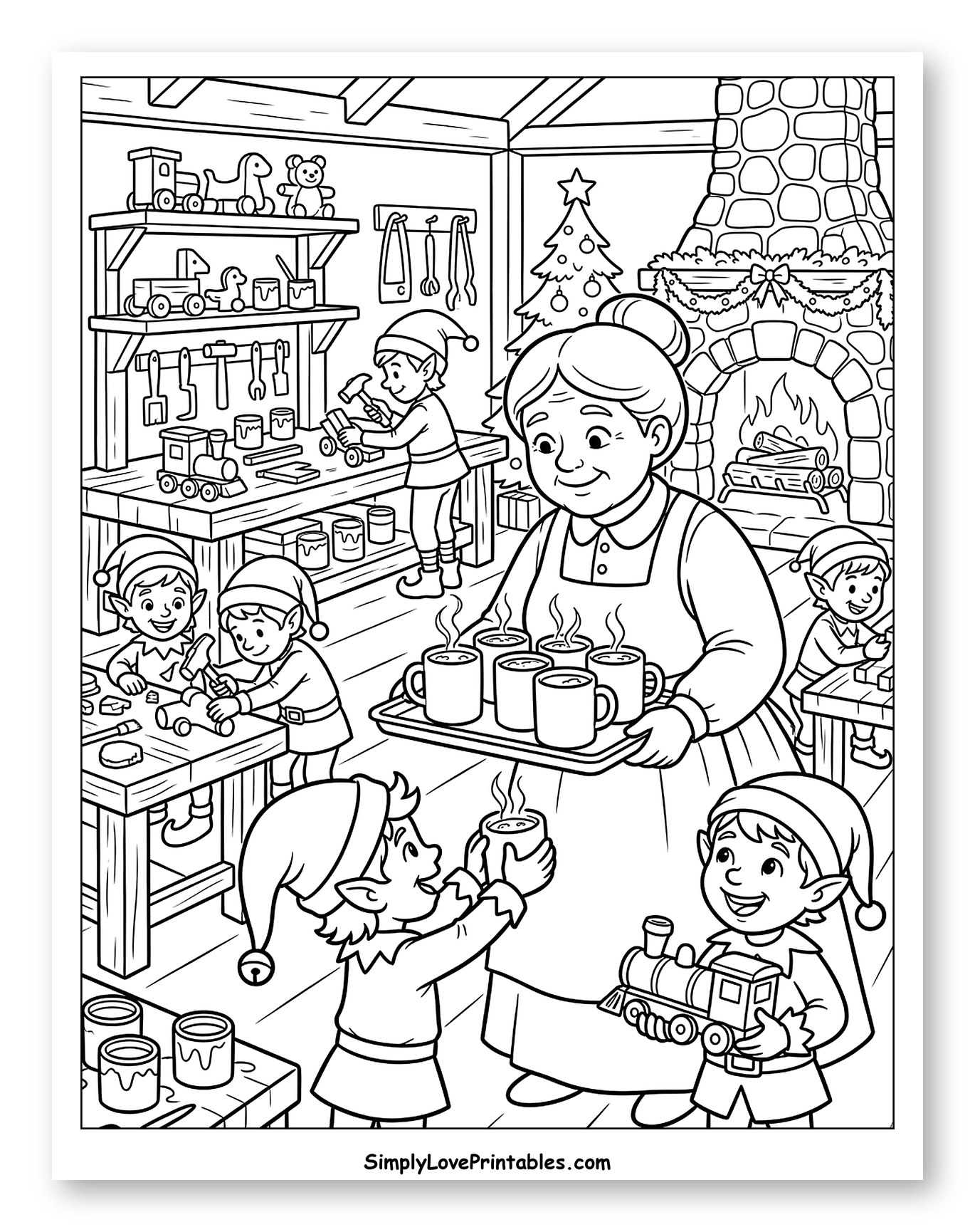 Mrs. Claus Bringing Hot Chocolate to Busy Elves Coloring Page for Kids