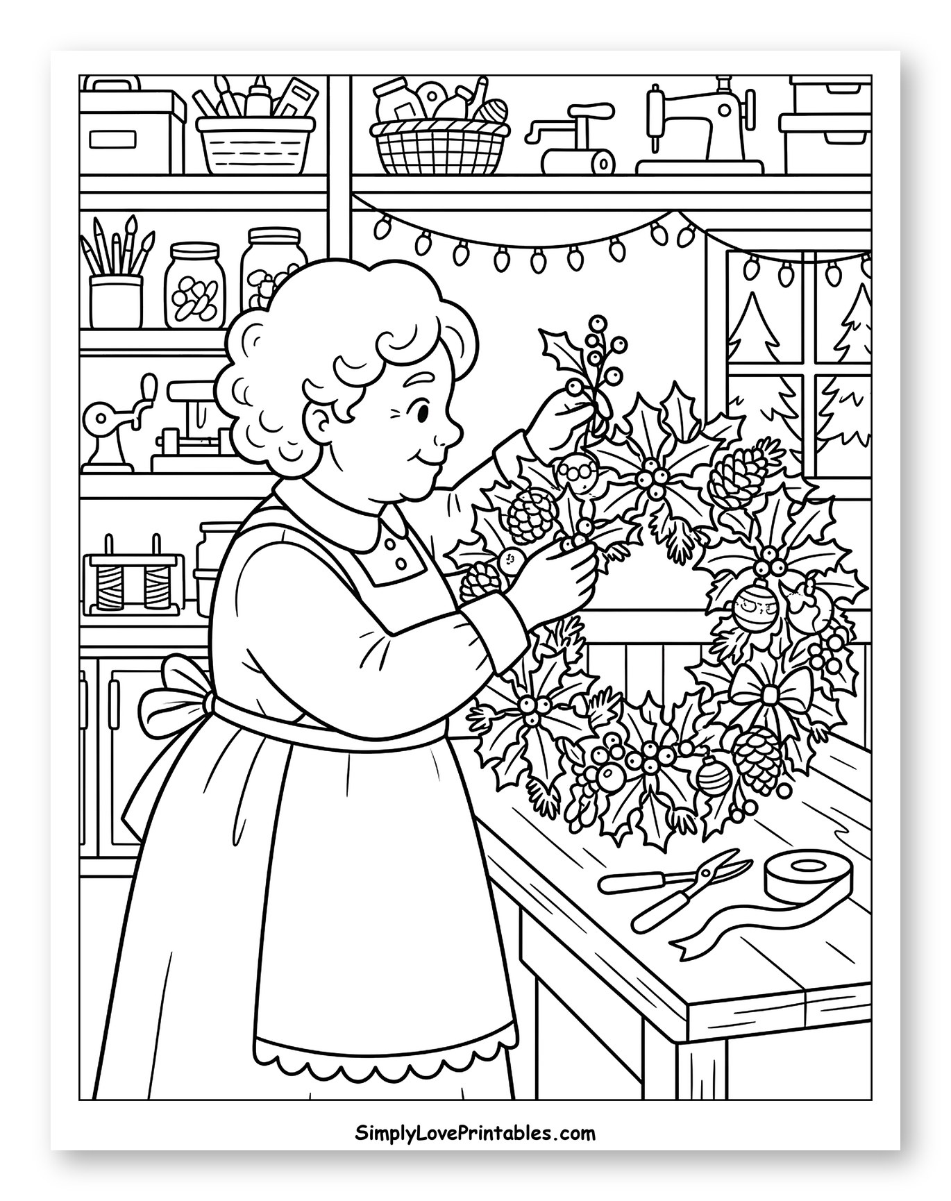 Mrs. Claus Crafting a Christmas Wreath to Color for Kids