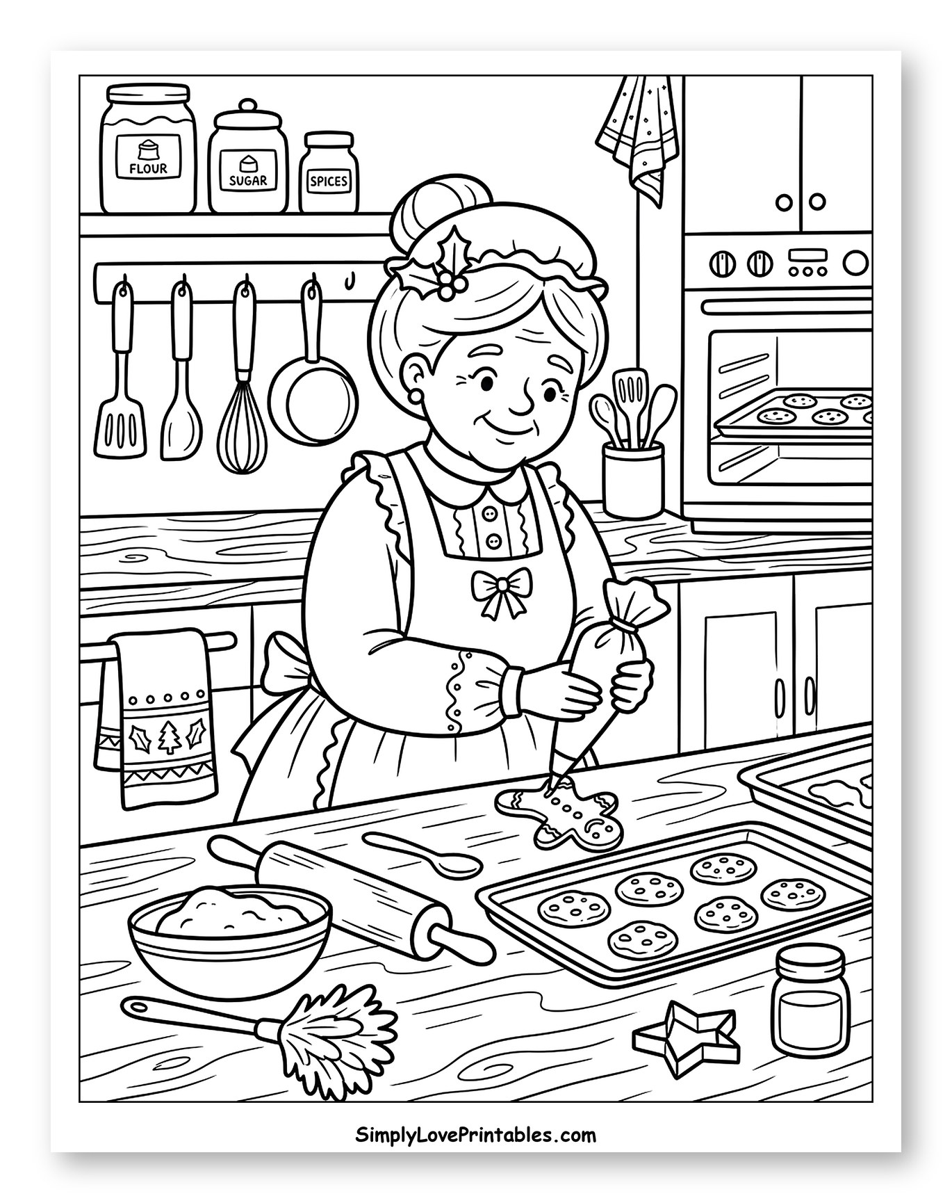 Mrs. Claus Decorating Gingerbread Cookies to Color for Kids