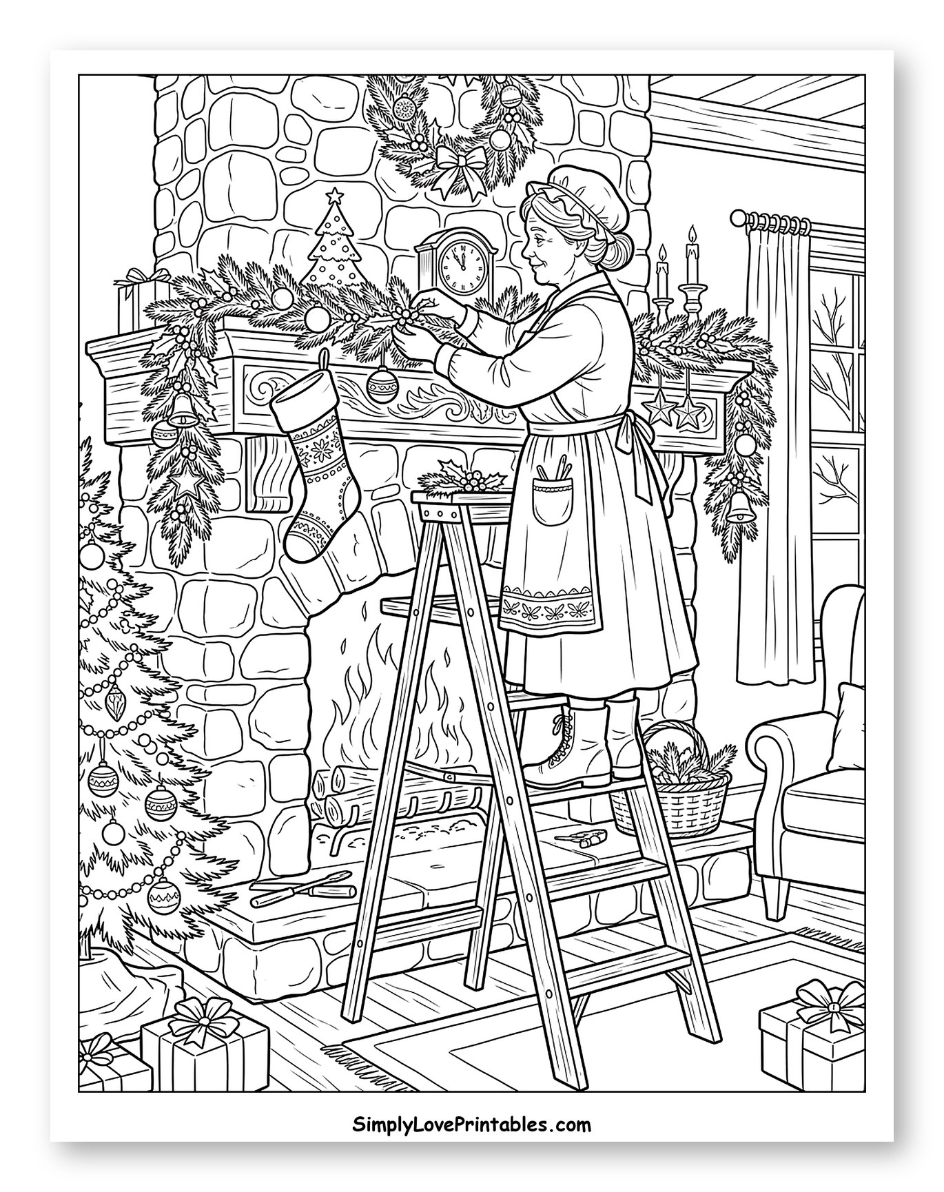 Mrs. Claus Decorating the Fireplace Mantel to Color