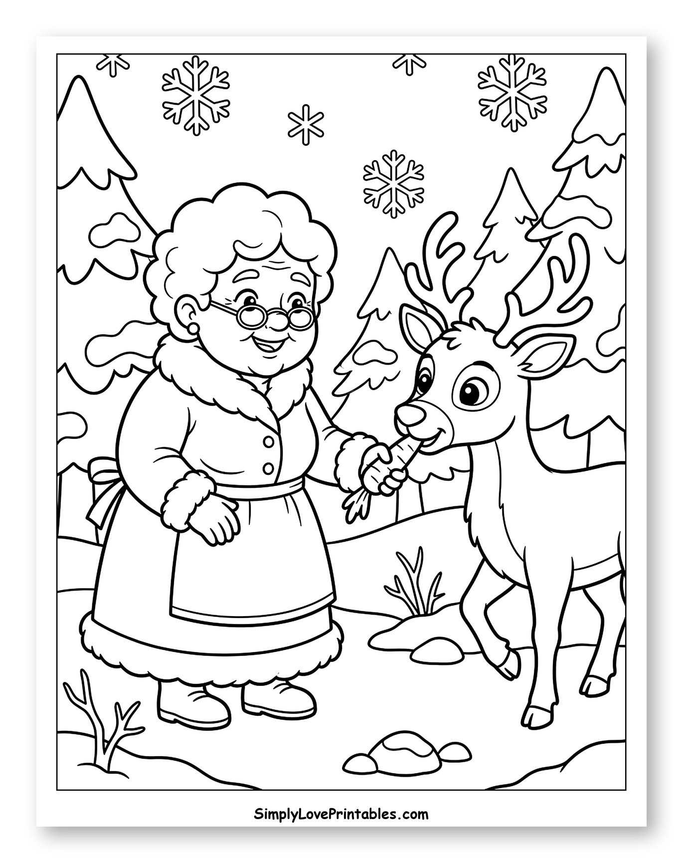 Mrs. Claus Feeding a Carrot to a Reindeer Coloring Page for Kids