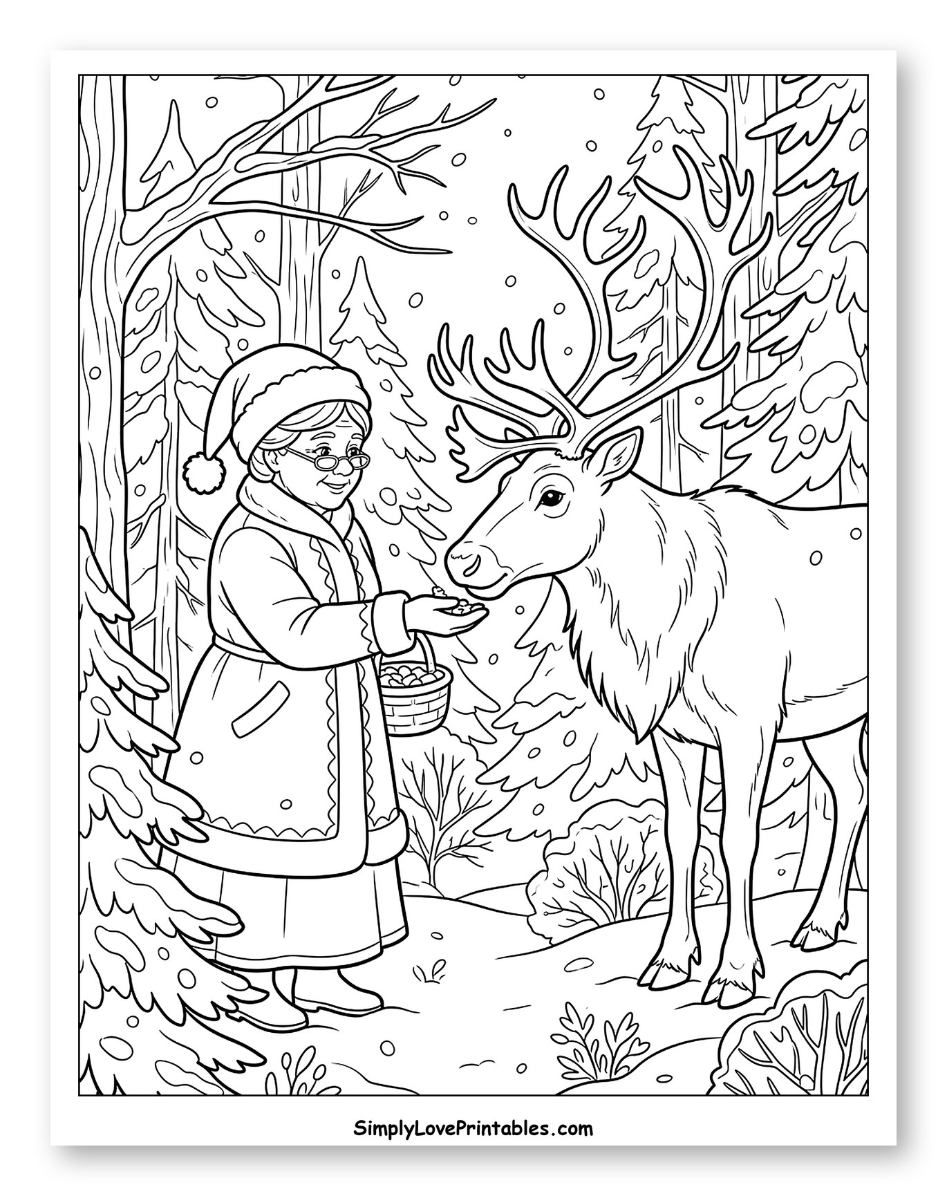 Mrs. Claus Feeding a Reindeer in the Woods