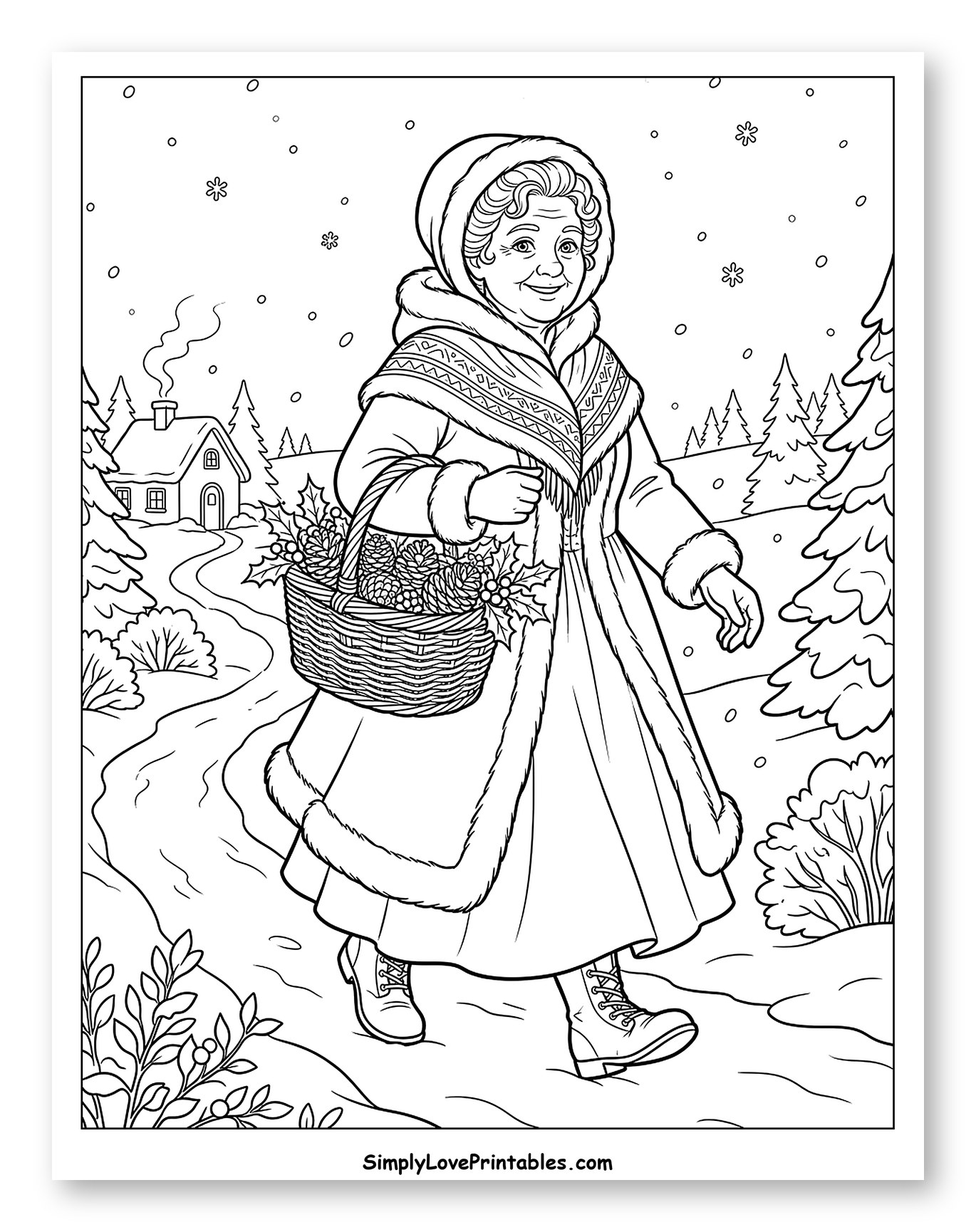 Mrs. Claus Gathering Pine Cones in the Snow