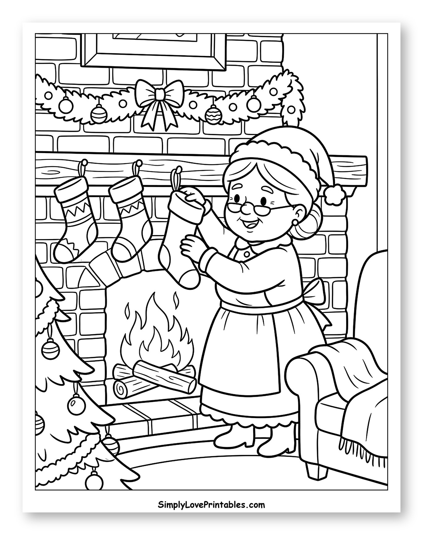 Mrs. Claus Hanging Stockings by the Fireplace to Color for Kids