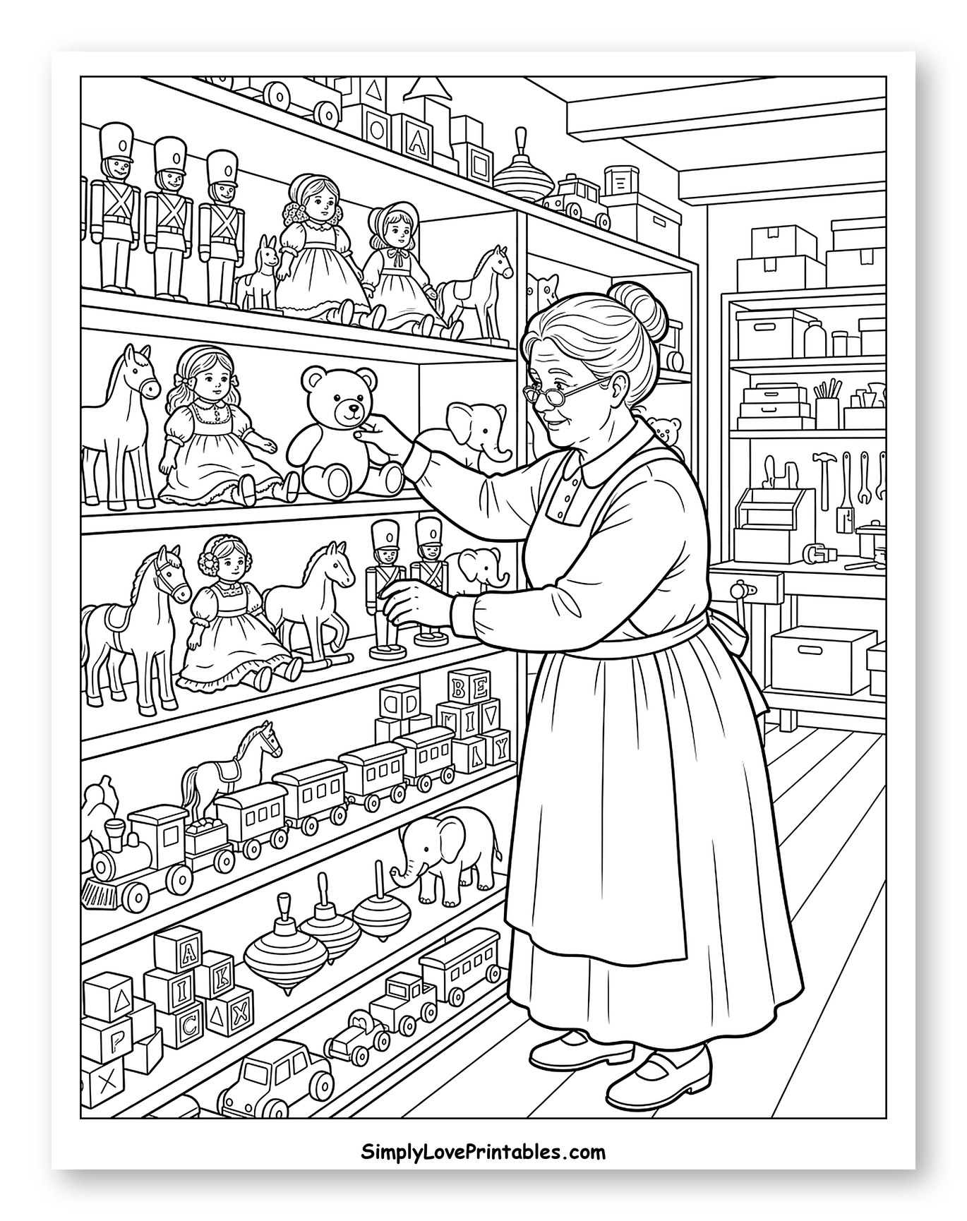 Mrs. Claus Organizing Handcrafted Toys in Her Workshop