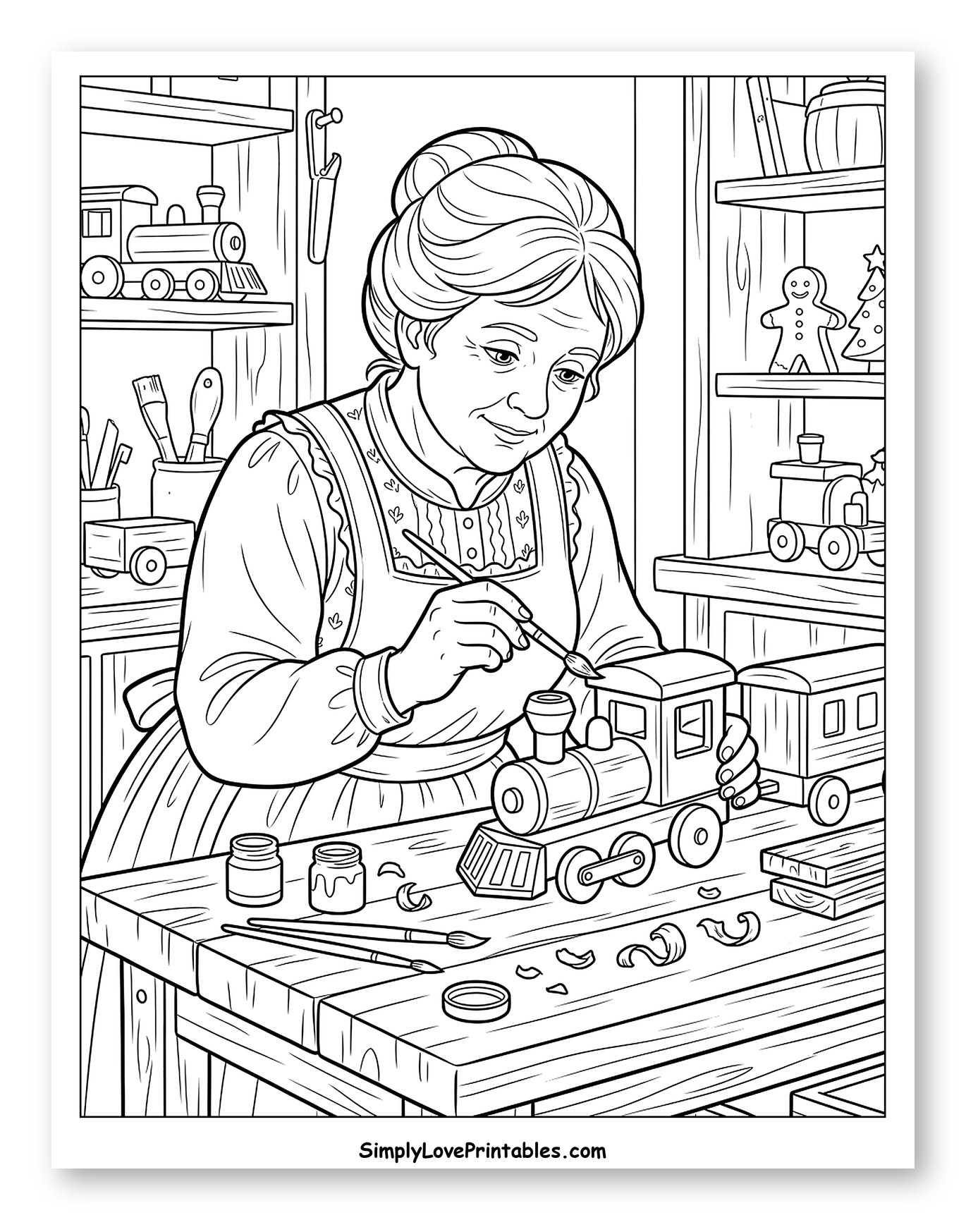 Mrs. Claus Painting a Toy Train Coloring Sheet