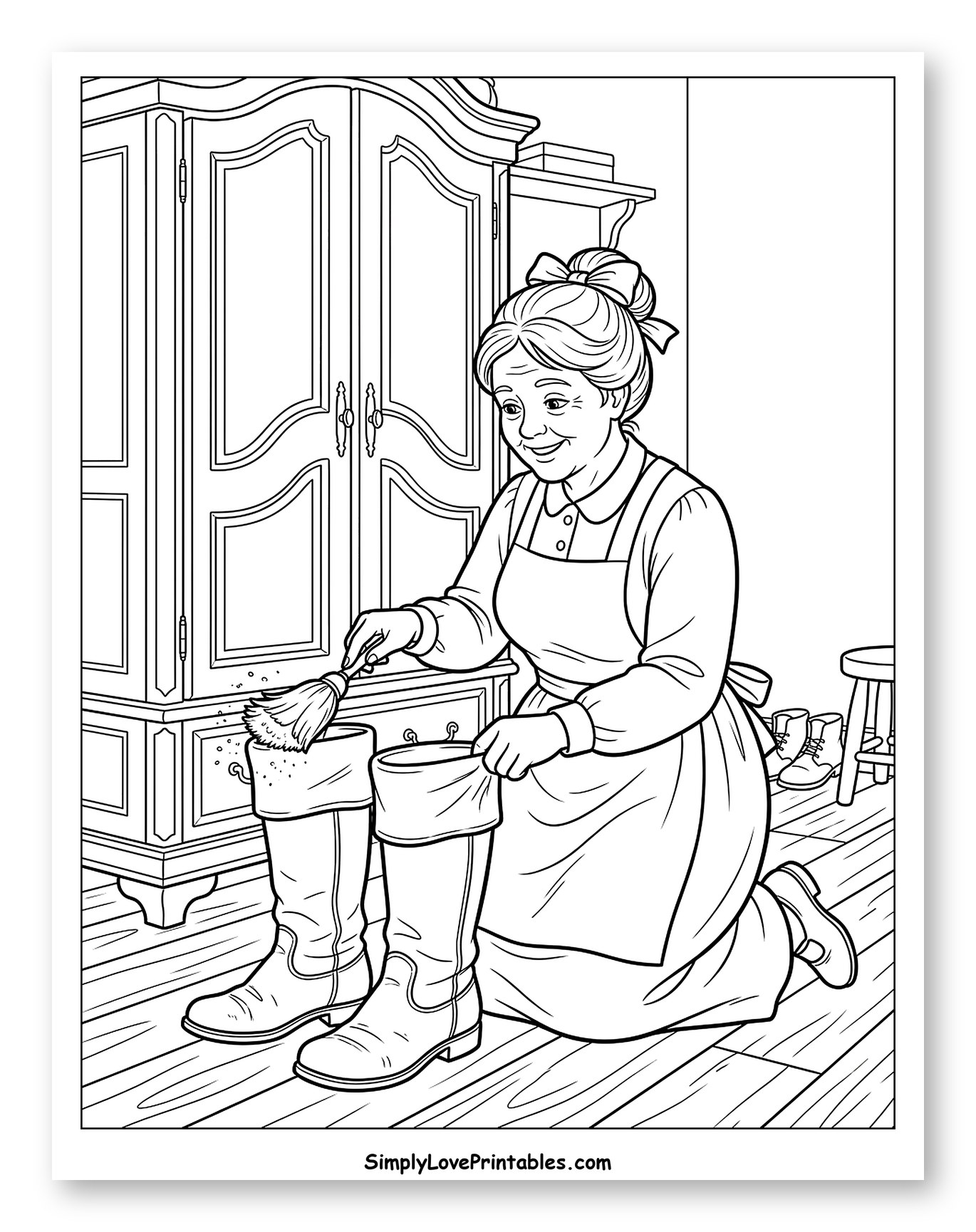 Mrs. Claus Polishing Santa's Boots to Color