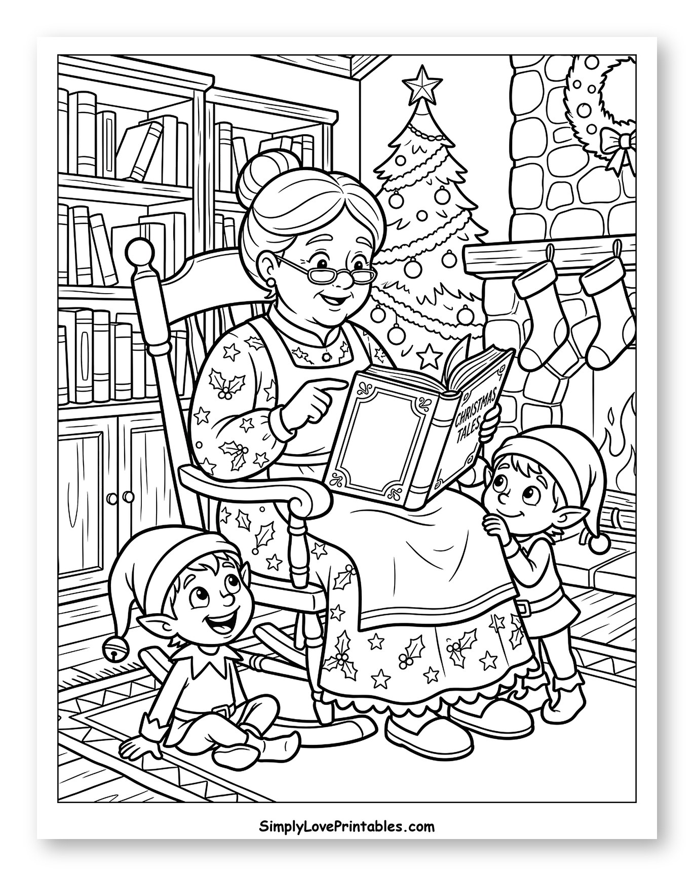 Mrs. Claus Reading Christmas Tales to Elves Coloring Page for Kids