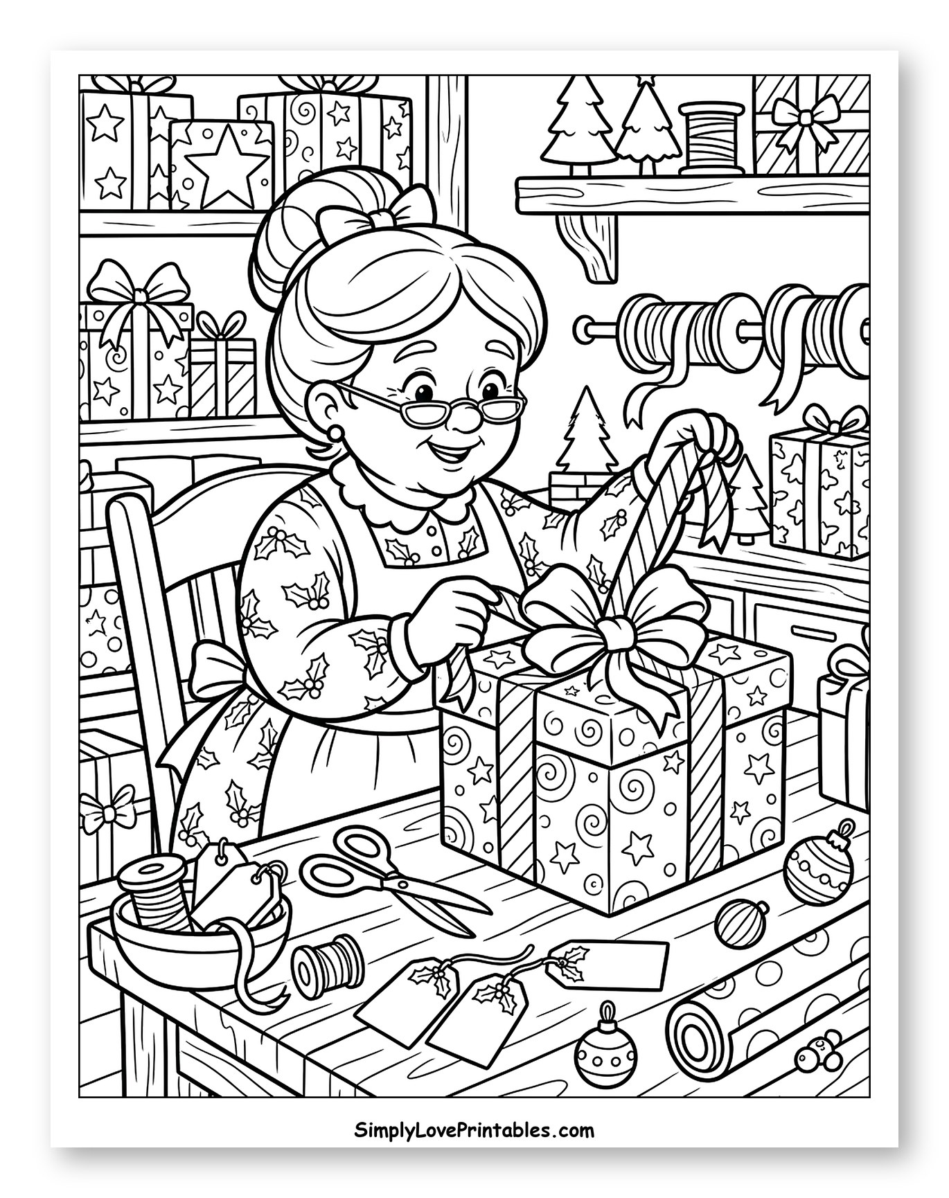 Mrs. Claus Wrapping a Large Christmas Gift to Color for Kids