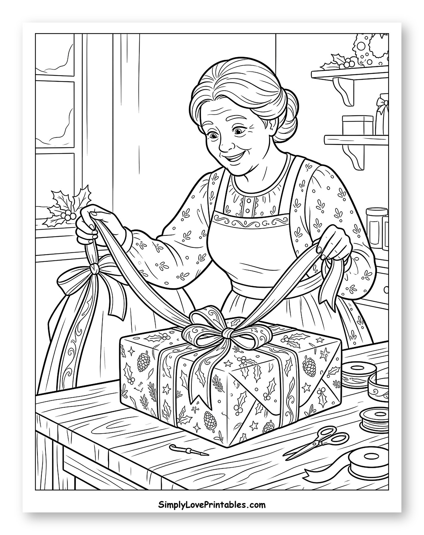 Mrs. Claus Wrapping a Large Christmas Present