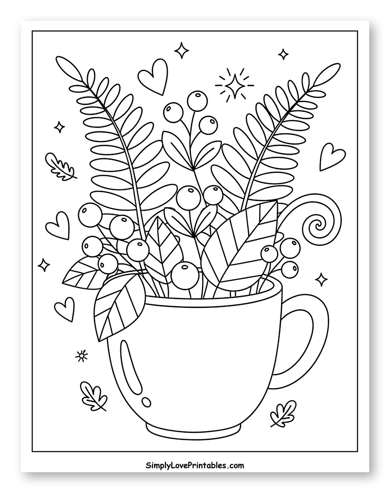 Mug Full of Berries, Ferns, and Hearts