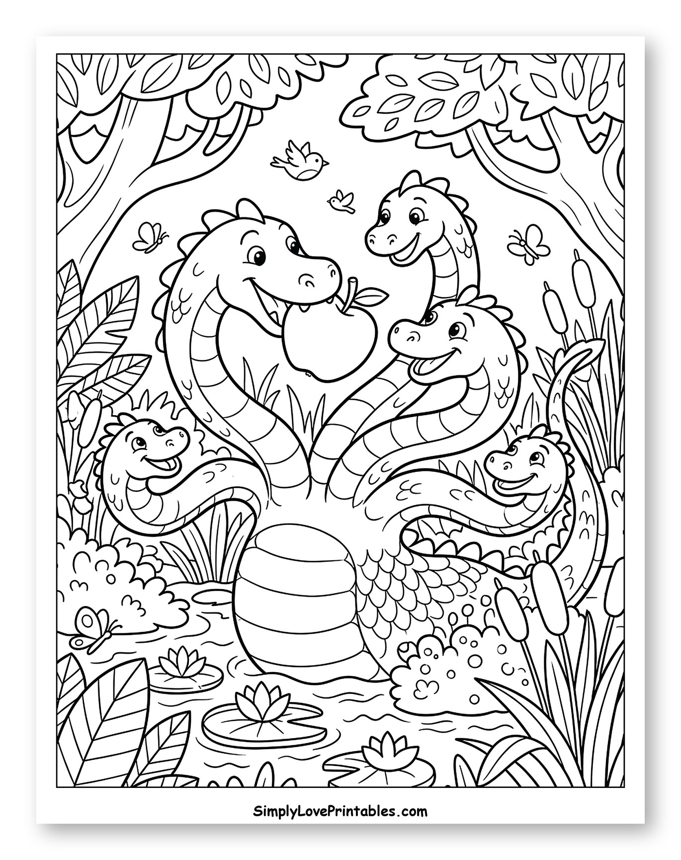 Multi-Headed Hydra with Apple in a Forest Pond Coloring Page for Kids