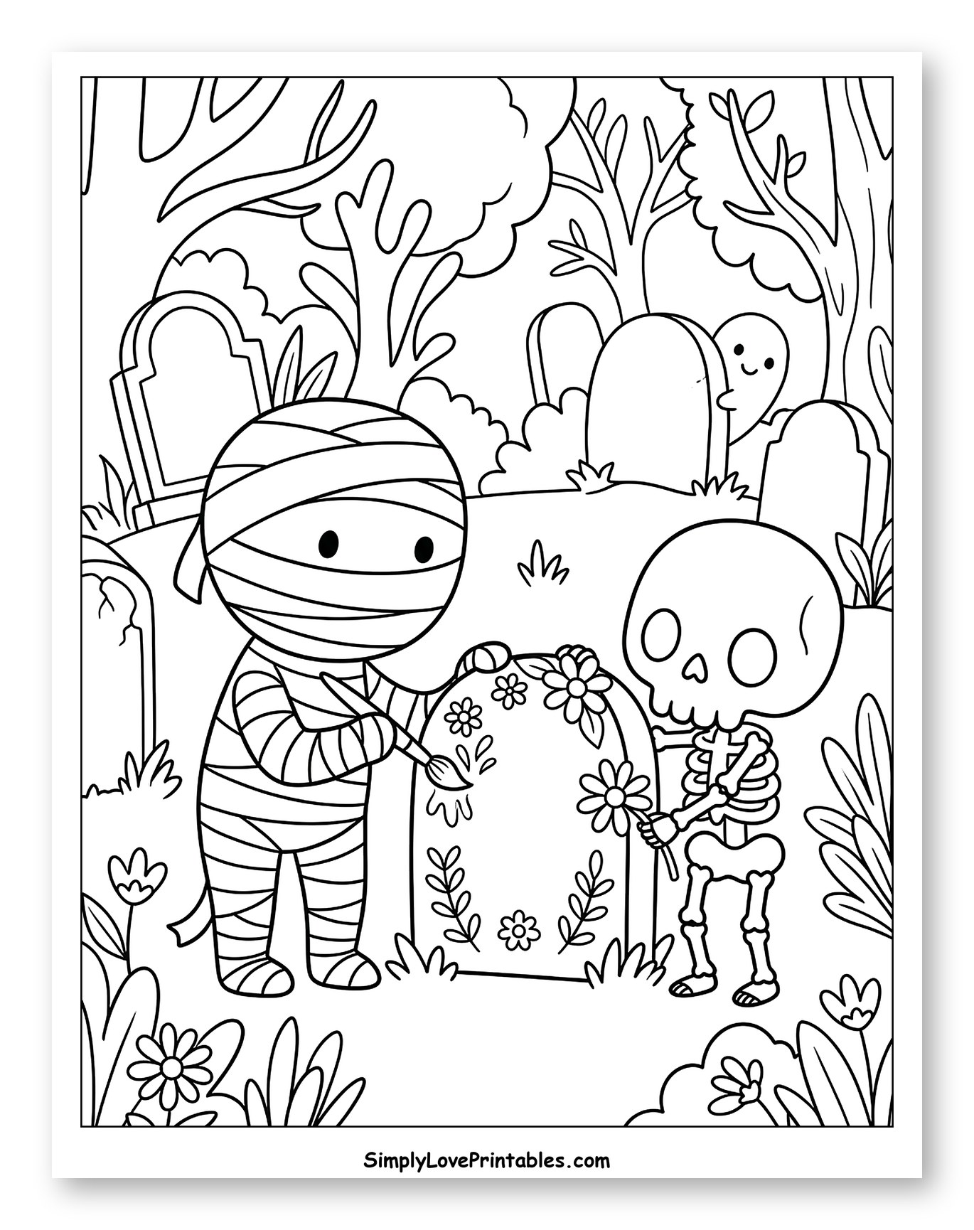 Mummy and Skeleton Decorating Gravestone in Graveyard