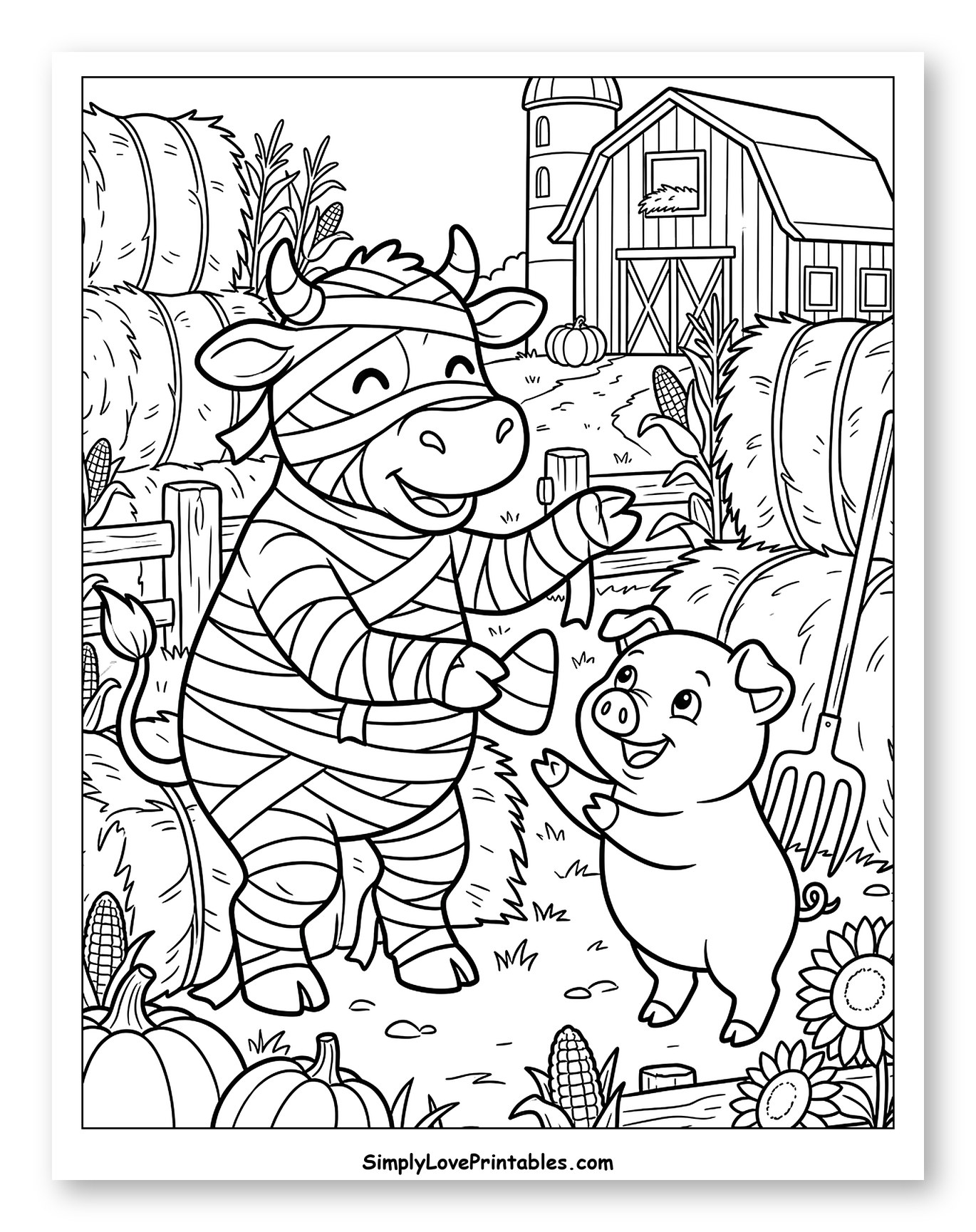 Mummy Cow and Piglet on a Farm Coloring Page for Kids