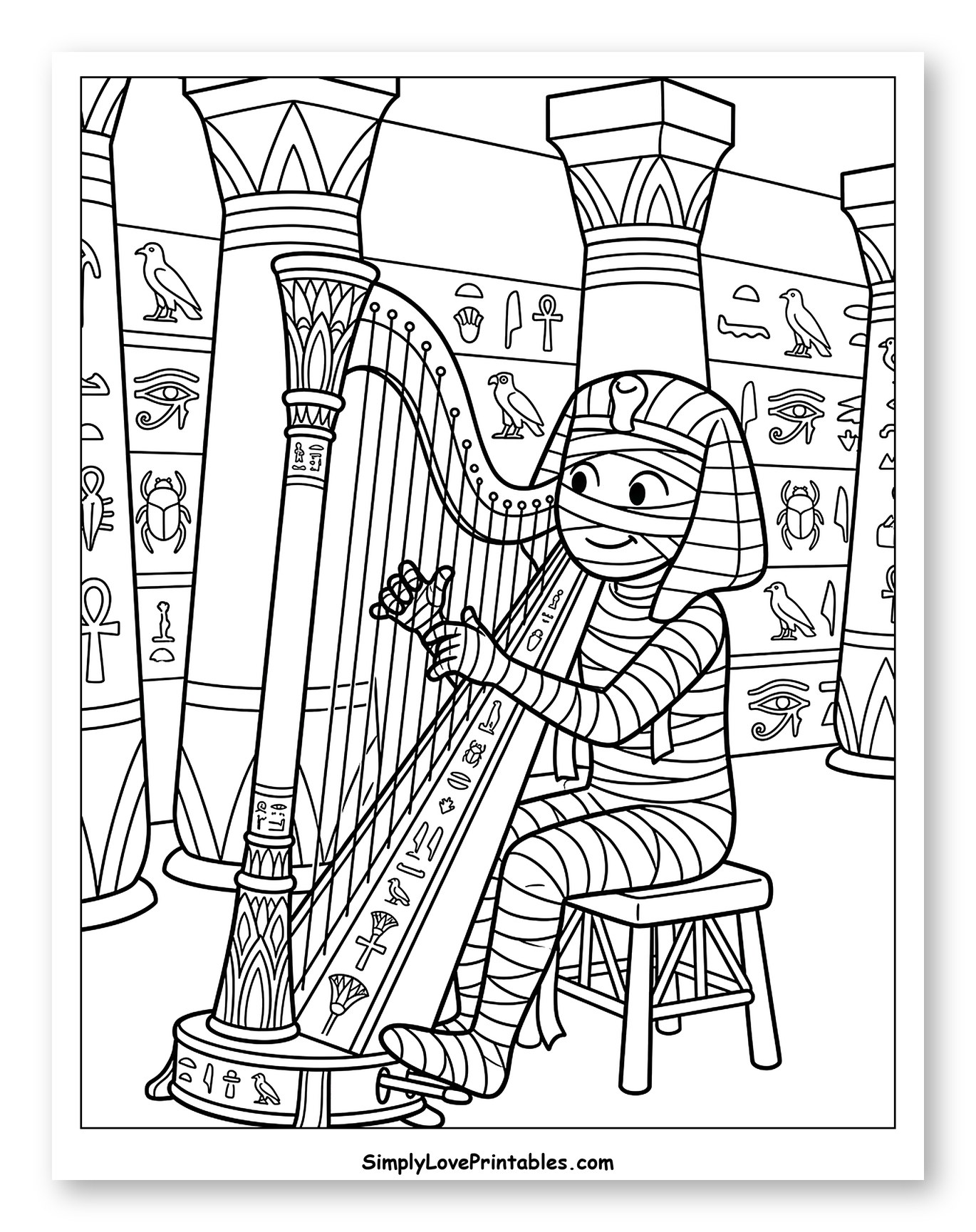 Mummy Playing Harp in Egyptian Temple