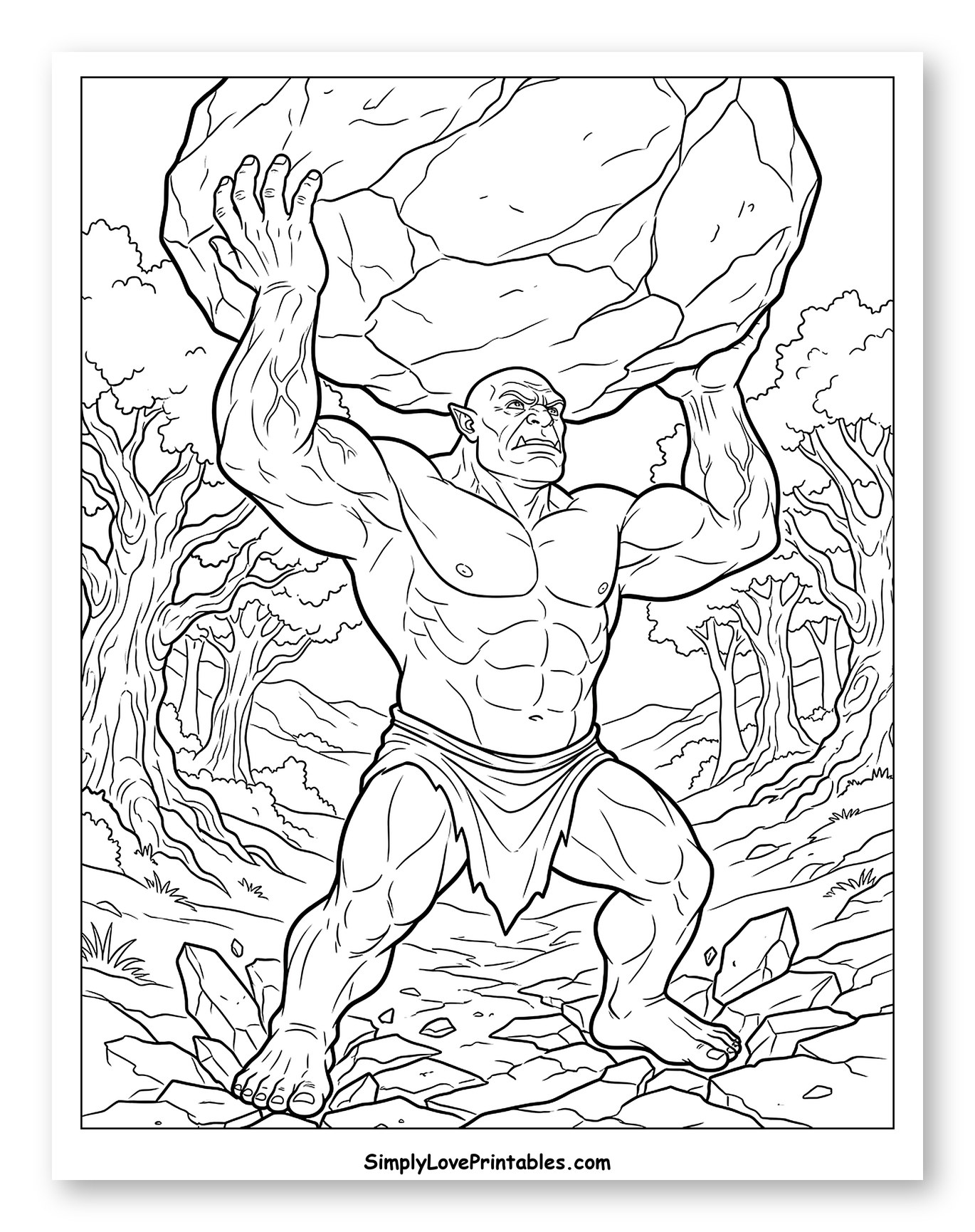 Muscular Ogre Lifting a Giant Boulder Coloring Page