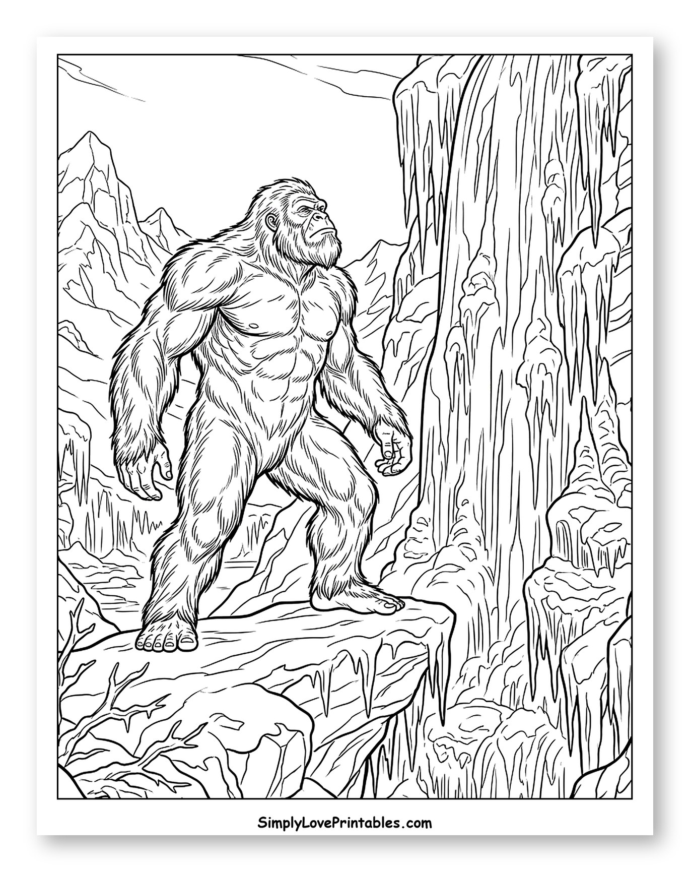 Muscular Yeti on a Snowy Mountain Ledge to Color