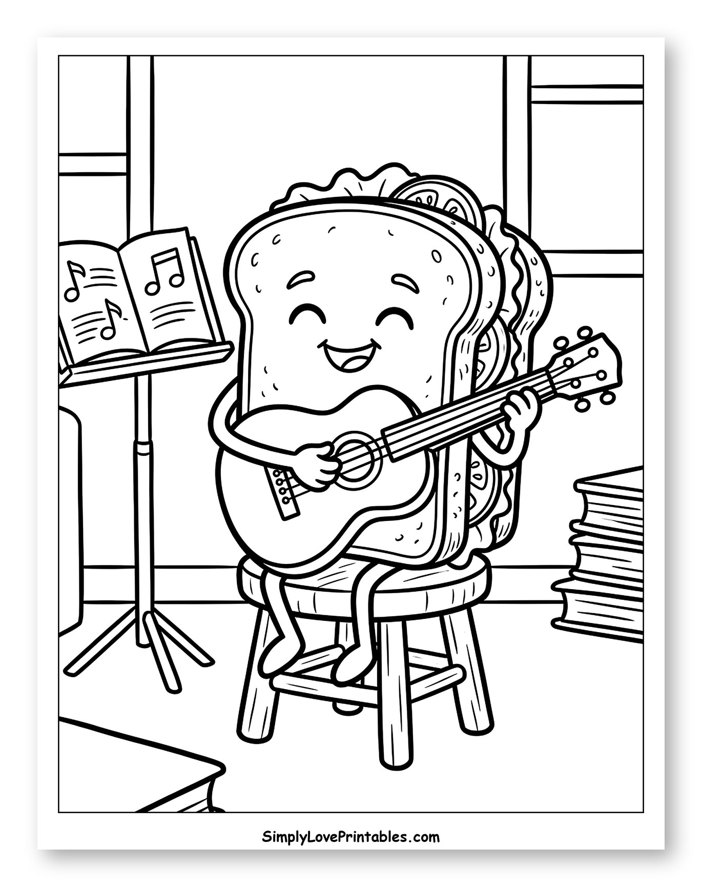 Musical Sandwich Playing an Acoustic Guitar Coloring Page for Kids