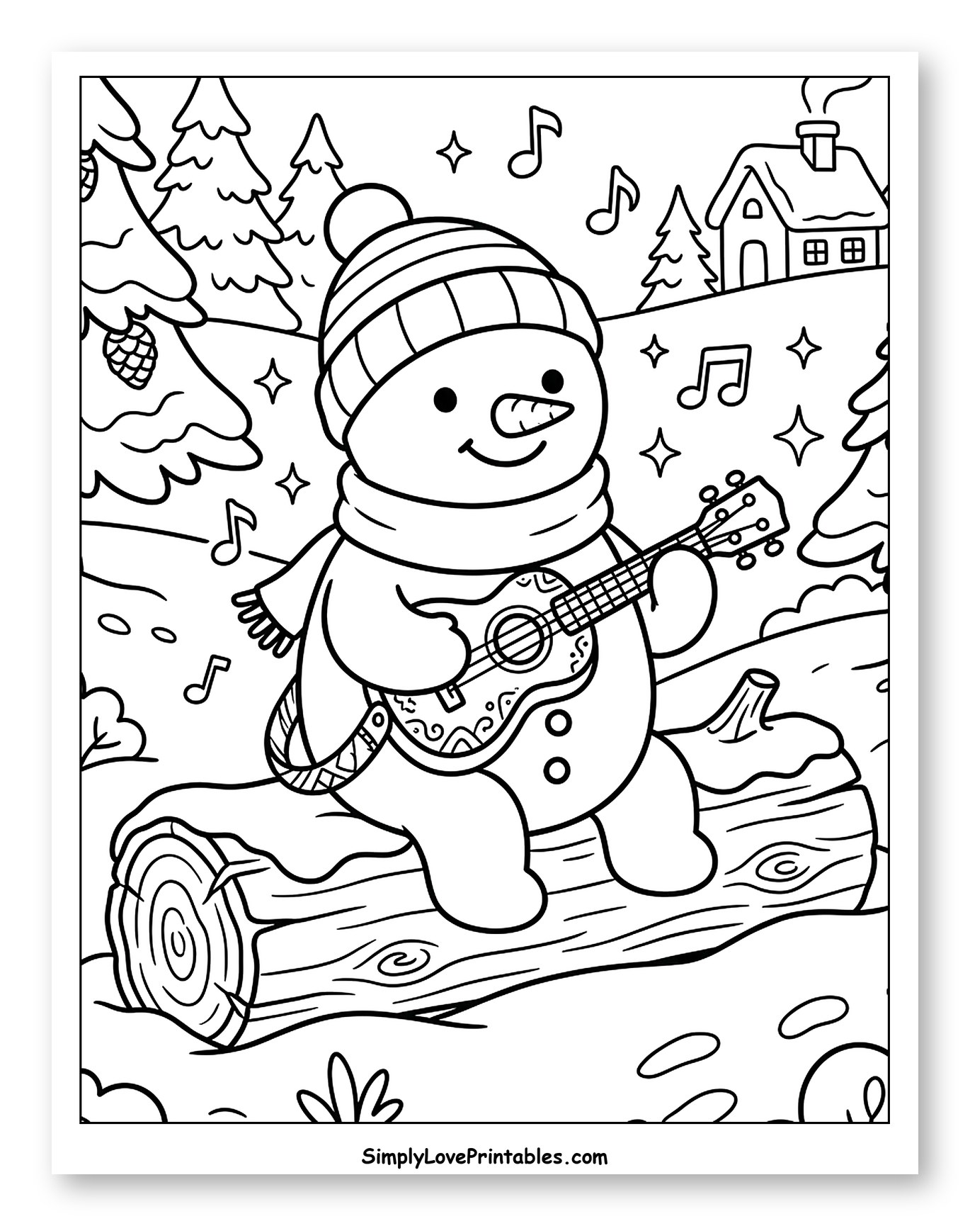 Musical Snowman Playing Ukulele on a Snowy Log Coloring Page for Kids