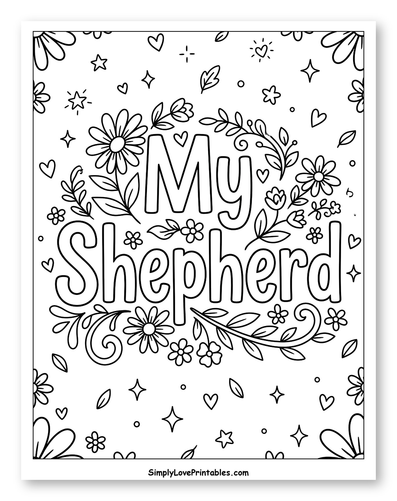 My Shepherd Text Surrounded by Flowers and Hearts Coloring Sheet for Adults