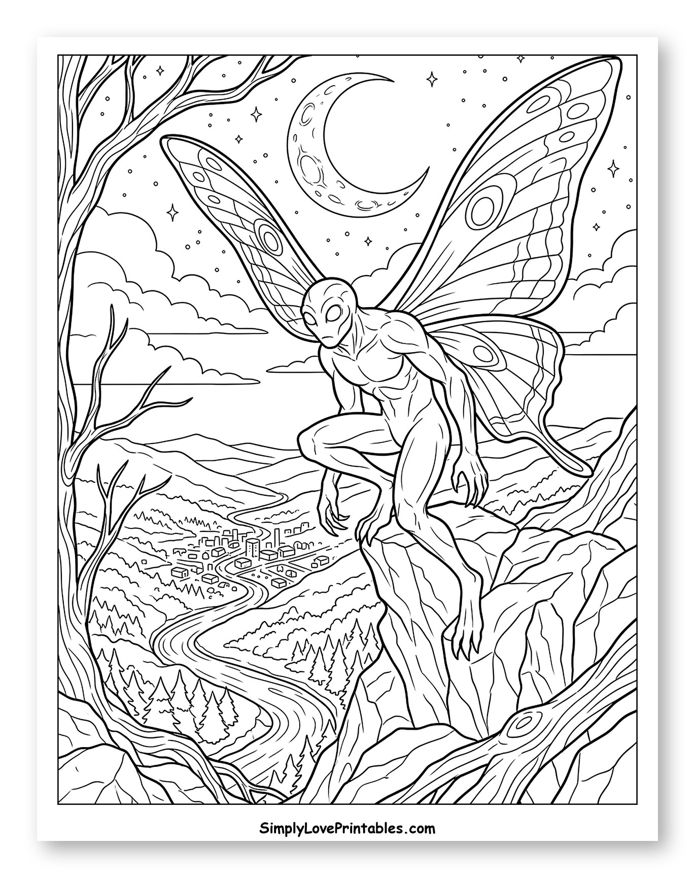 Mysterious Mothman Overlooking a Moonlit Valley Coloring Sheet