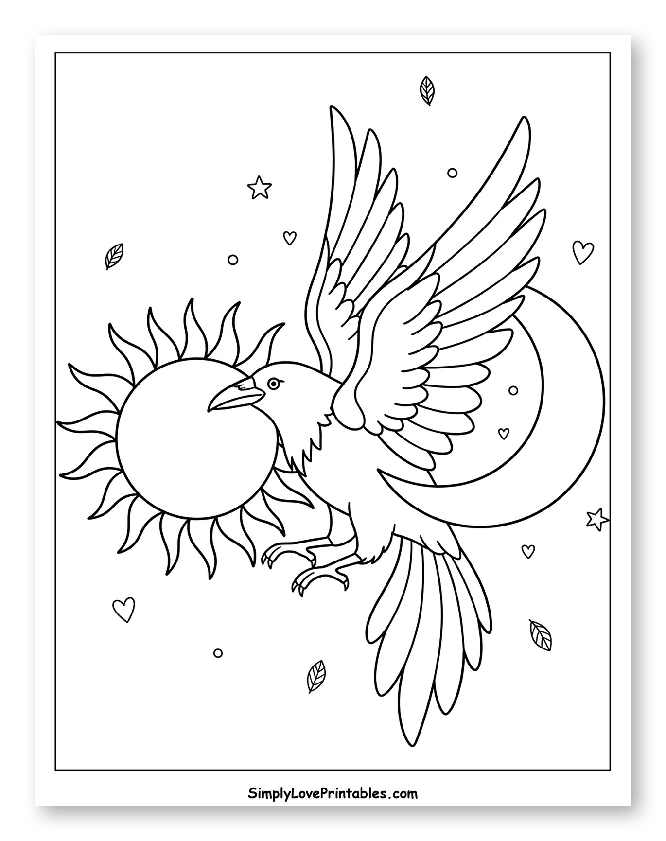 Mystical Raven Flying with Sun and Moon