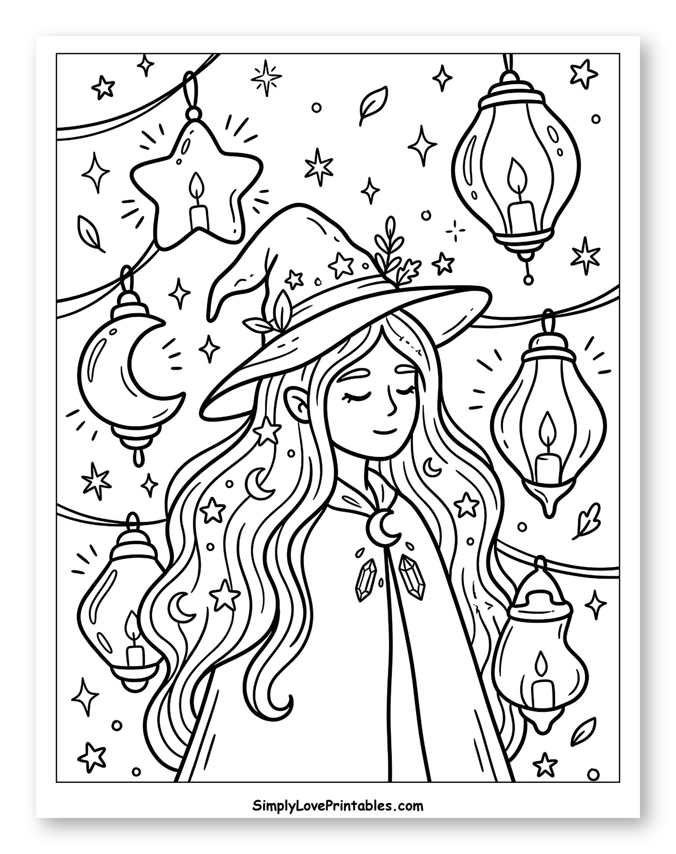 Mystical Witch Adorned with Stars and Lanterns to Color for Adults