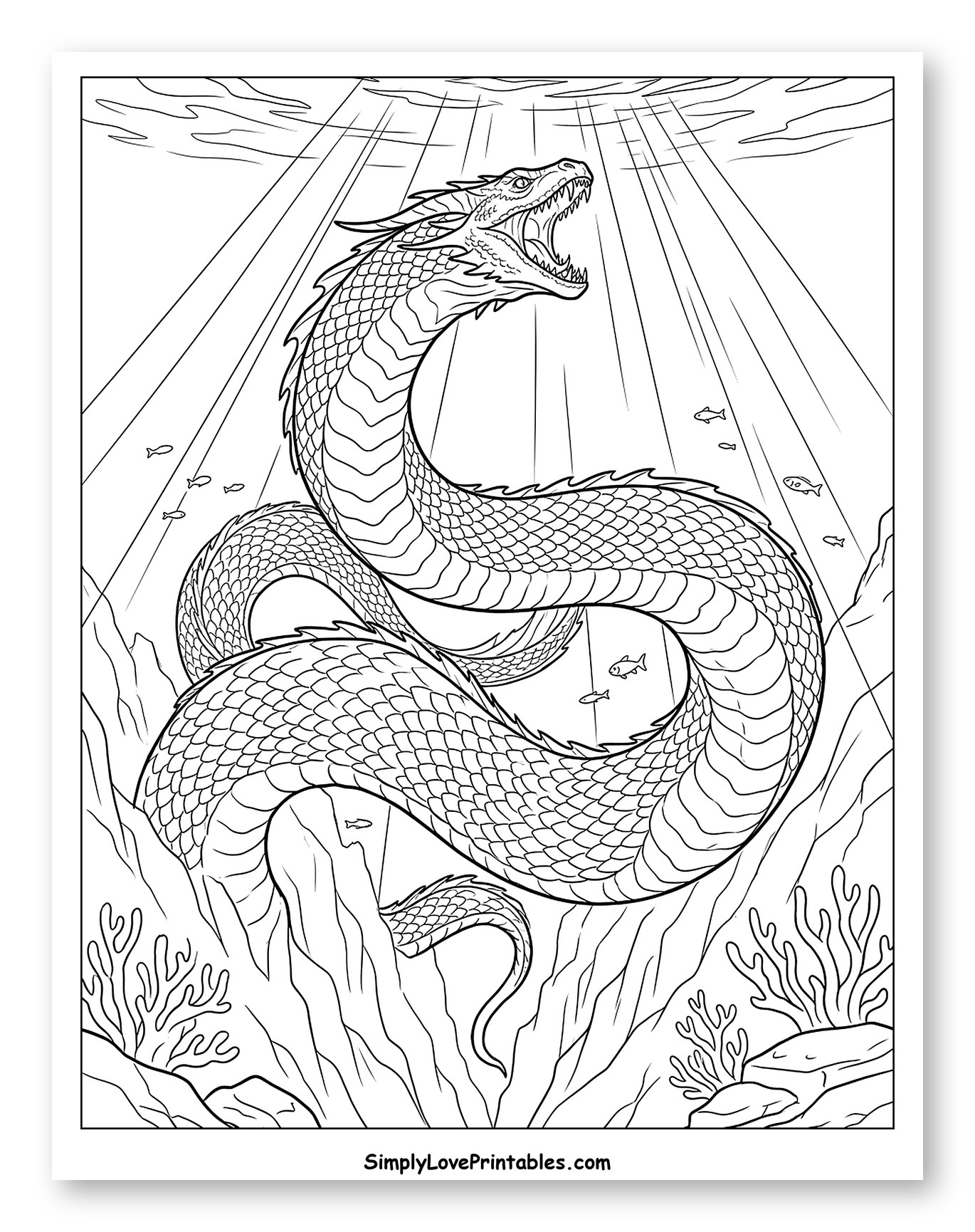 Mythical Dragon Underwater with Open Mouth Coloring Sheet
