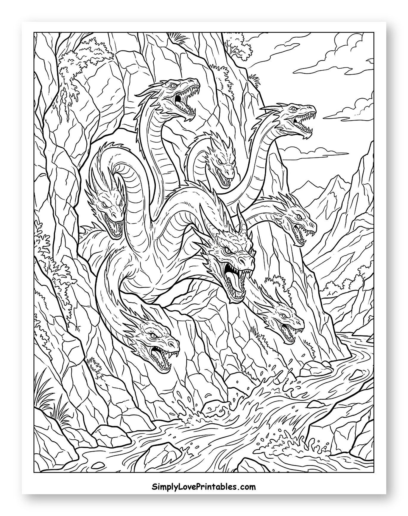 Mythical Hydra Emerging from Rocky Waterfall Coloring Sheet