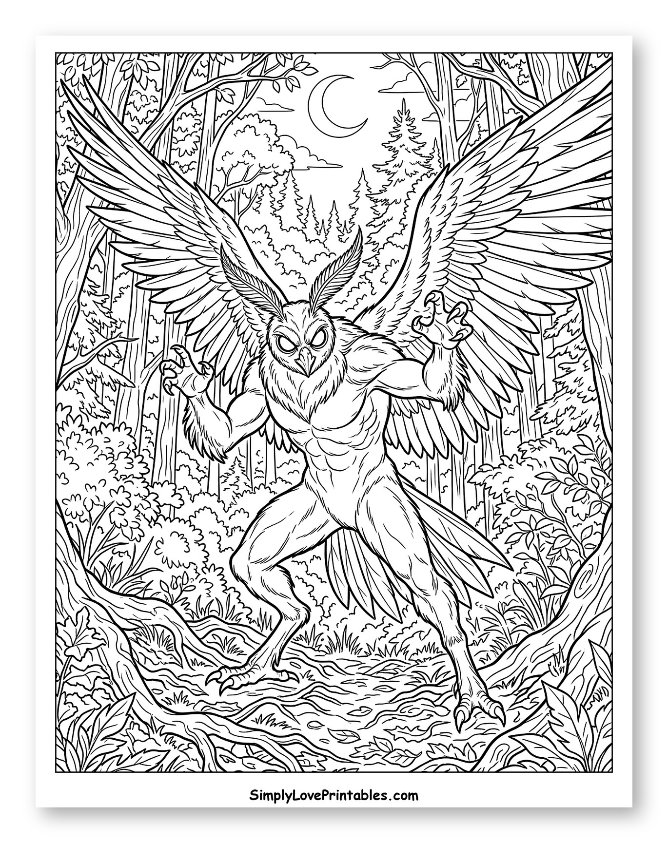 Mythical Winged Owl Creature in Night Forest Coloring Page