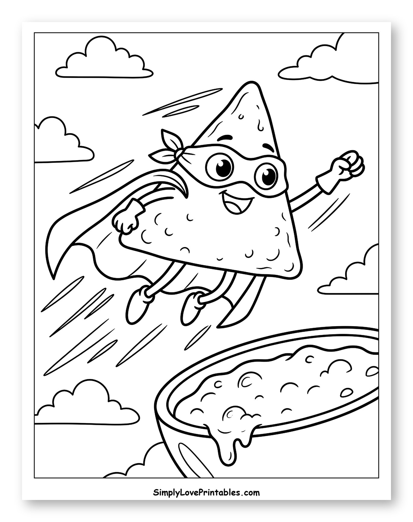 Nacho Superhero Flying Towards Dip Coloring Page for Kids
