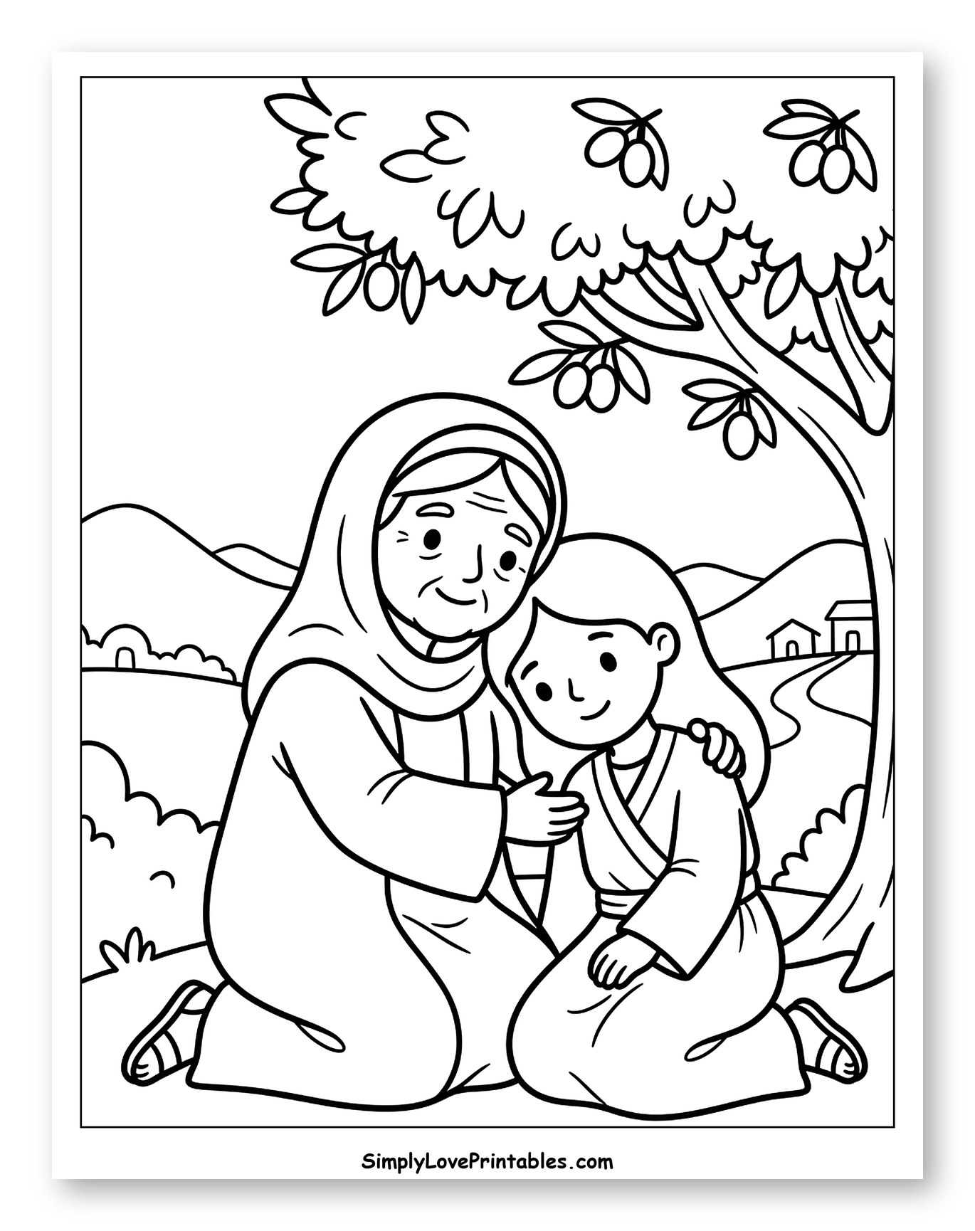 Naomi and Ruth under an Olive Tree Coloring Sheet for Kids
