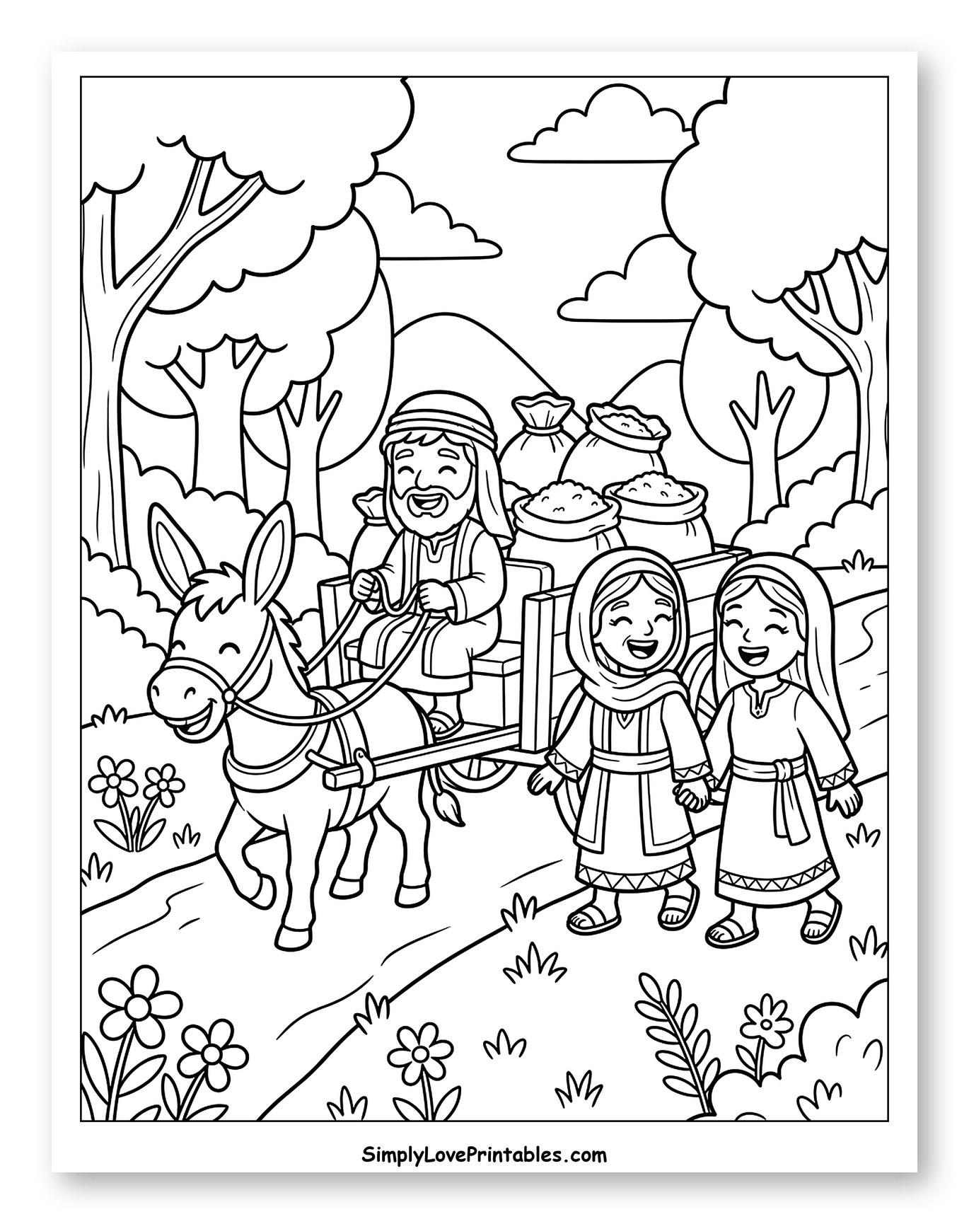 Naomi, Ruth, and a Man with a Donkey Cart Coloring Page for Kids