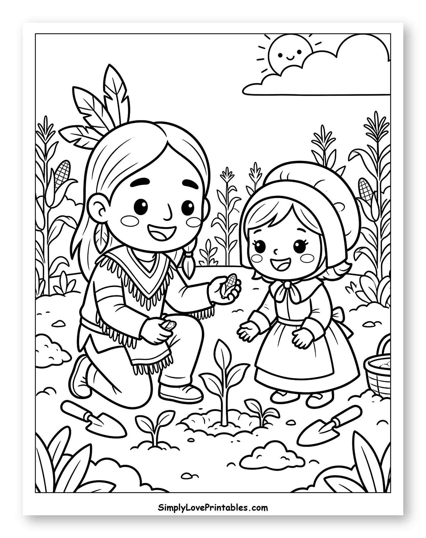 Native American and Pilgrim Girls Planting Corn Coloring Page for Kids