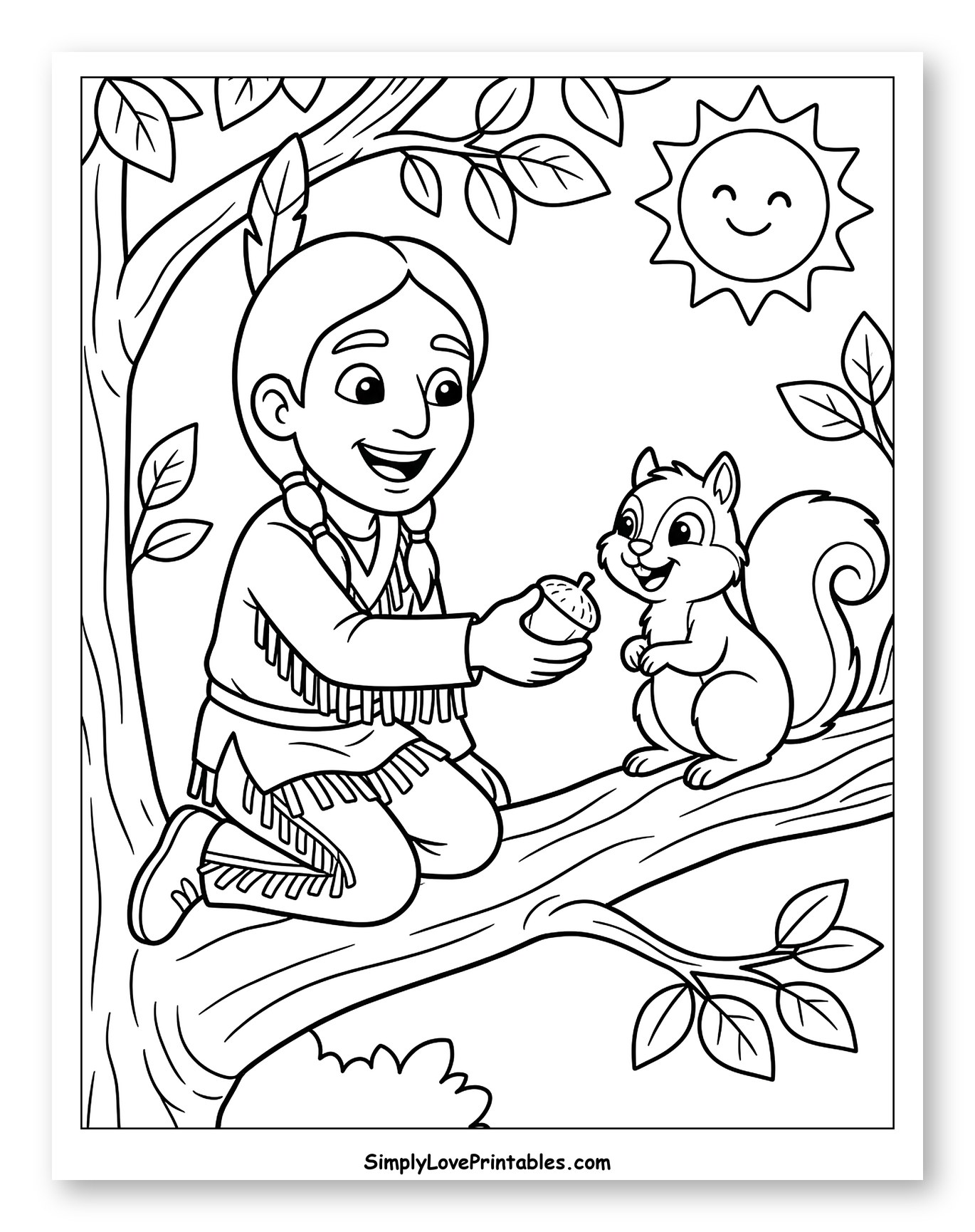 Native American Child Offering Acorn to Squirrel