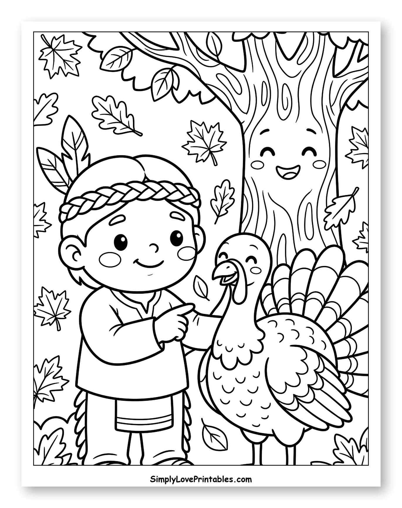 Native American Child Points at Happy Turkey Coloring Sheet for Kids