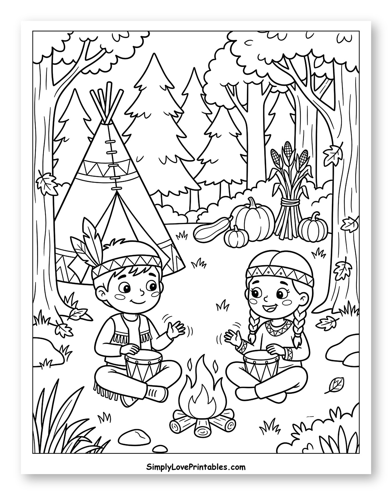 Native American Children Playing Drums by Campfire