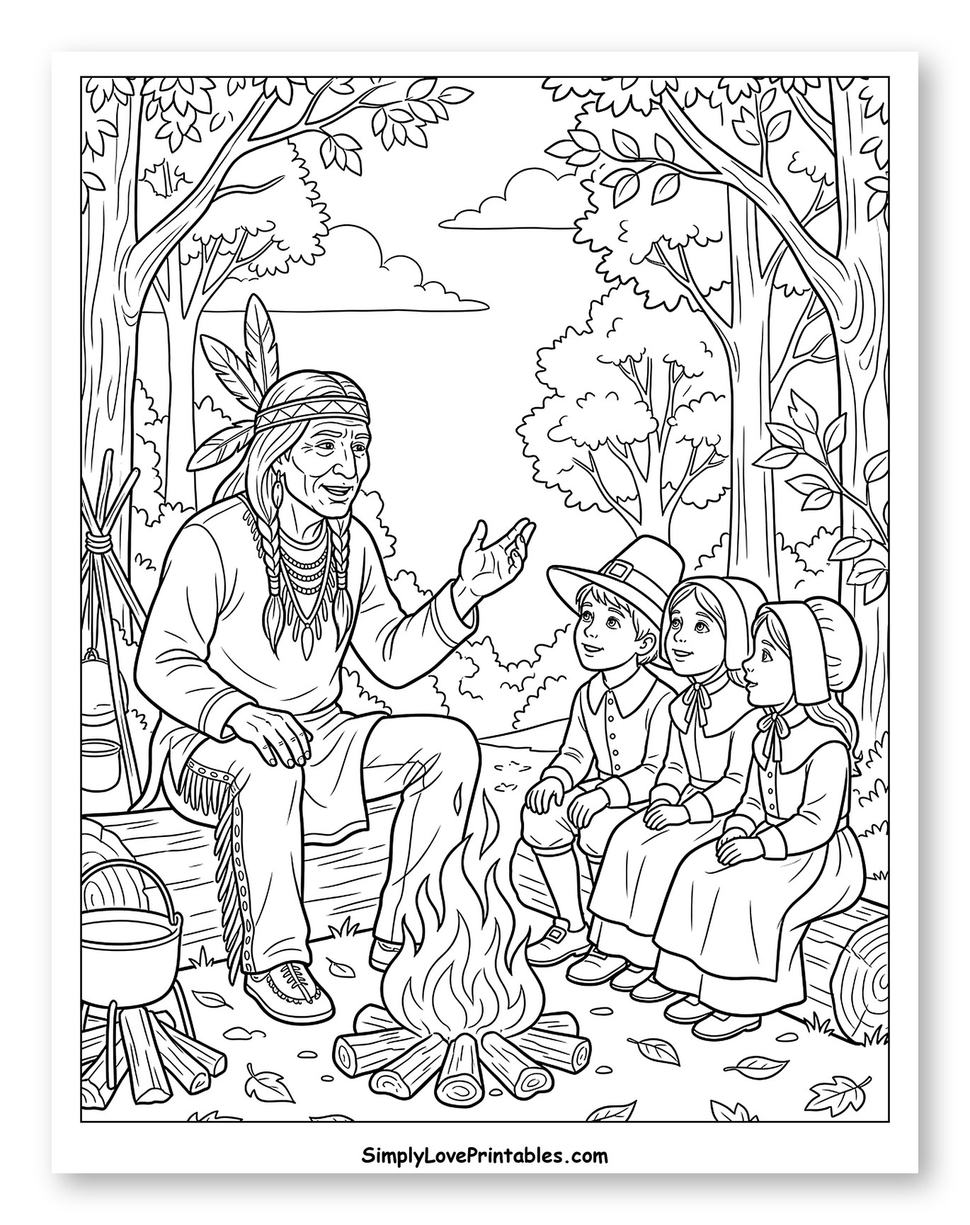 Native American Elder Storytelling to Pilgrim Children Coloring Sheet