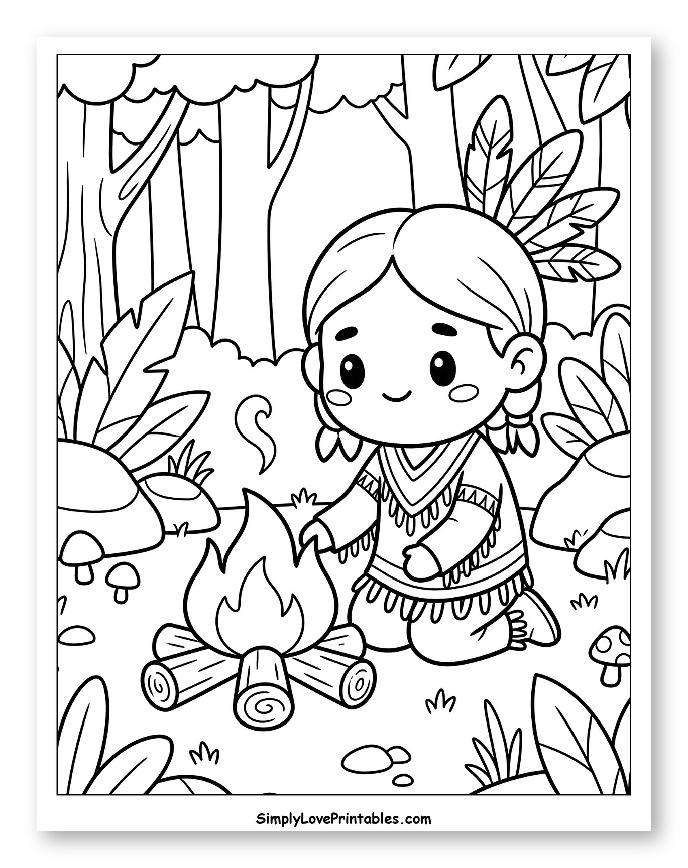 Native American Girl by a Campfire