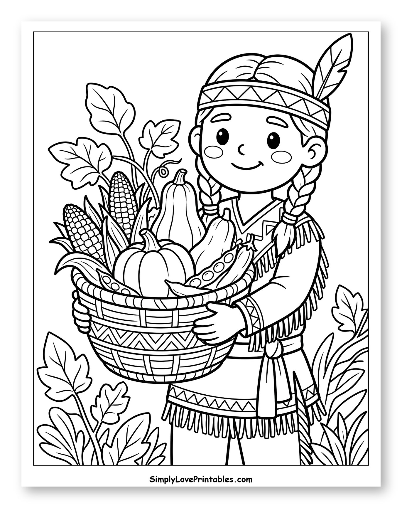 Native American Girl Holding Harvest Basket