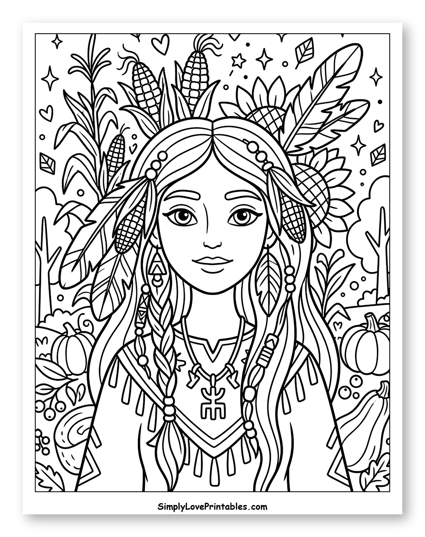 Native American Girl with Thanksgiving Harvest Coloring Sheet for Adults