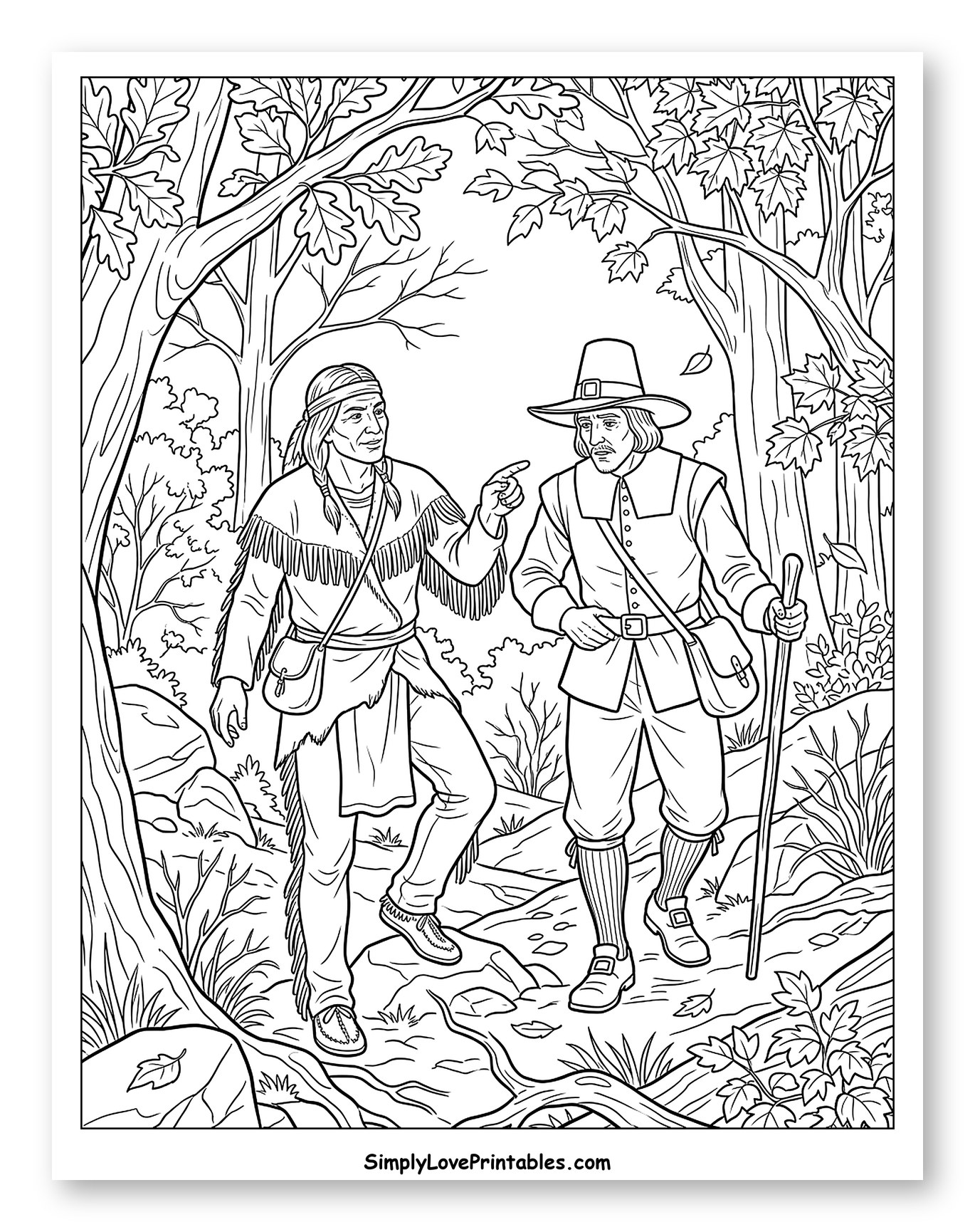 Native American Guiding Pilgrim Through Forest Coloring Page