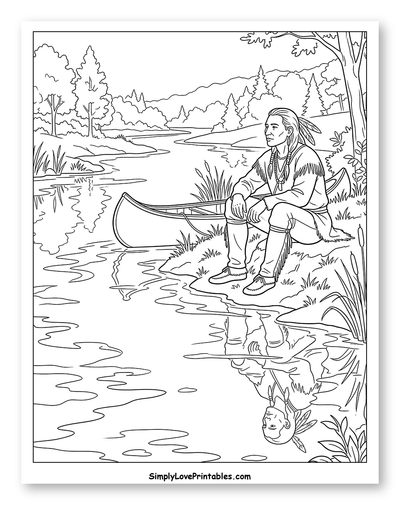 Native American Man by River with Canoe
