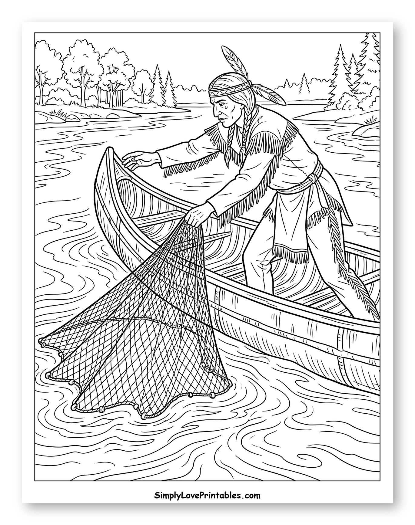 Native American Man Fishing from Canoe Coloring Page