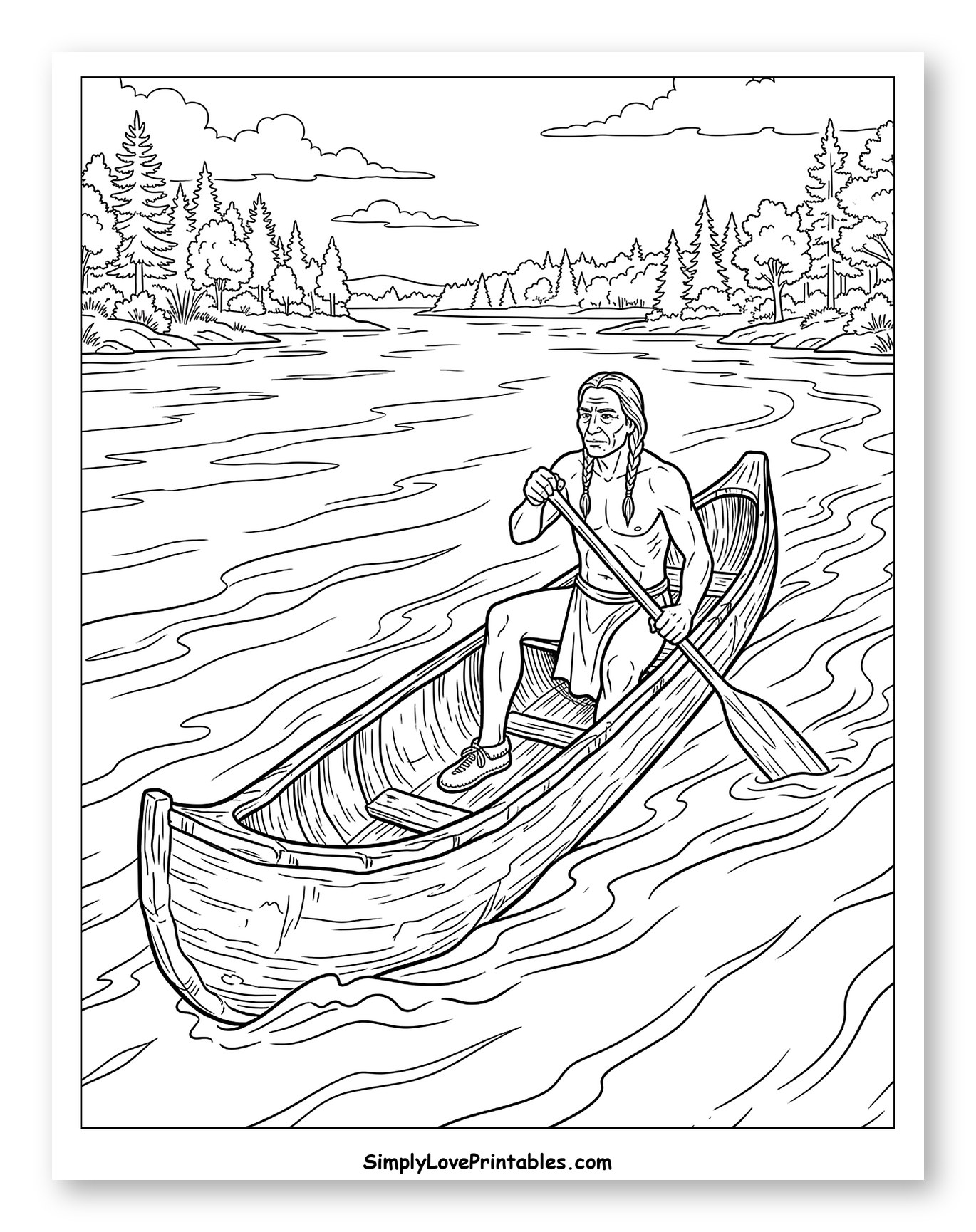 Native American Man Paddling Canoe on River
